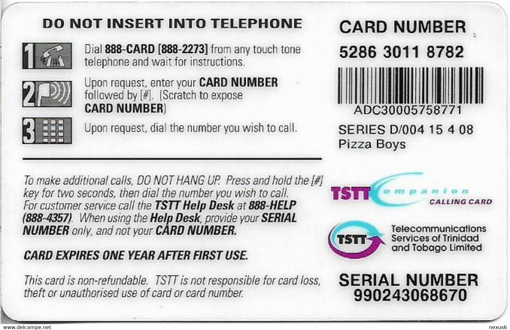 Trinidad & Tobago - TSTT (Prepaid) - Pizza Boys, Remote Mem. 30$, 2000, 75.000ex, Used - Trinidad En Tobago