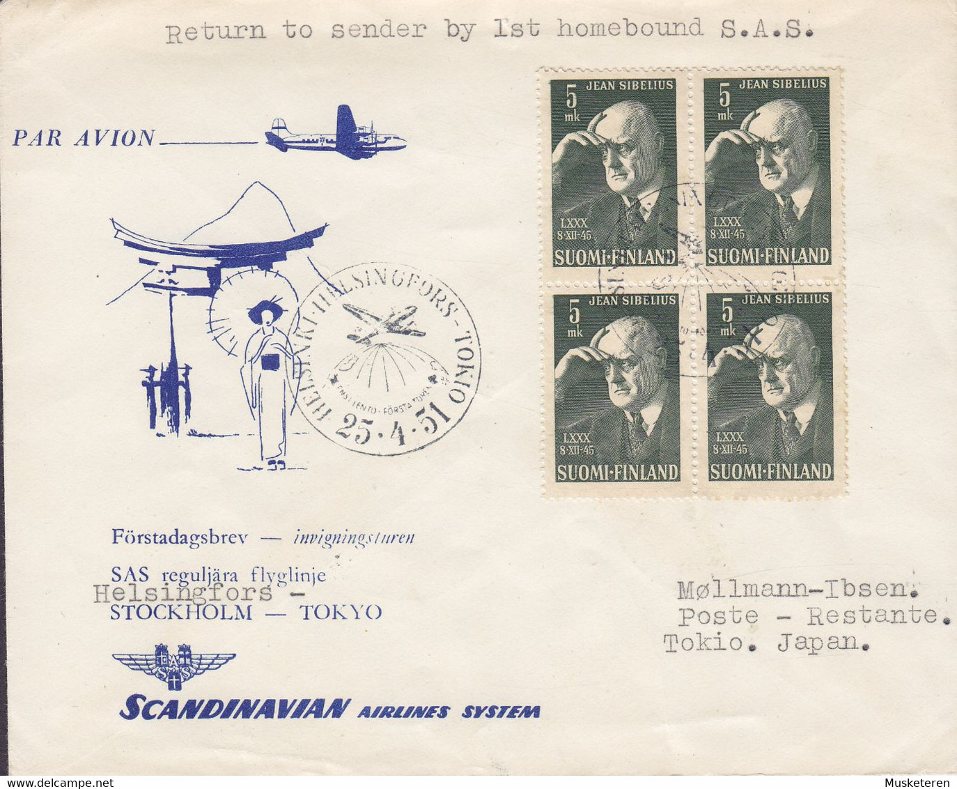 Finland SAS Scandinavian Airlines System HELSINKI-Helsingfors-TOKIO 25-4-1951 1st Flight Cover 6- & 4-Block J. Sibelius - Brieven En Documenten