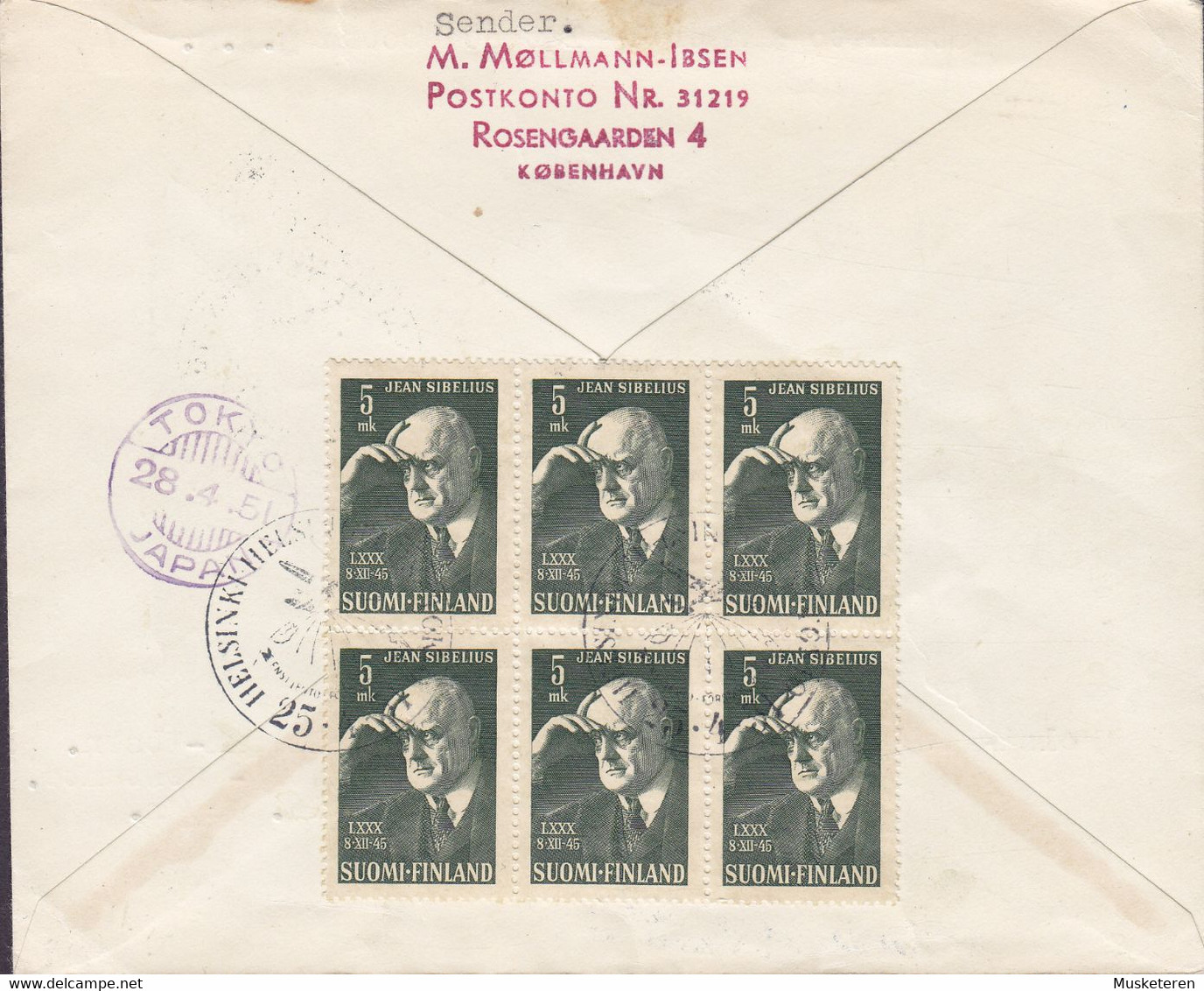 Finland SAS Scandinavian Airlines System HELSINKI-Helsingfors-TOKIO 25-4-1951 1st Flight Cover 6- & 4-Block J. Sibelius - Brieven En Documenten