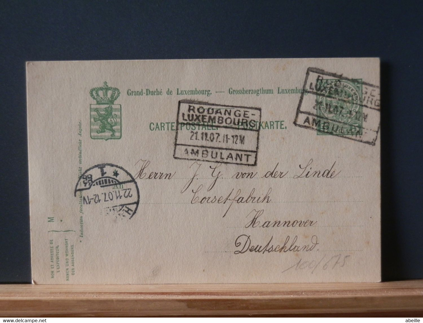 100/675 CP LUX POUR ALLEMAGNE  1907 OBL. AMB. - Covers & Documents