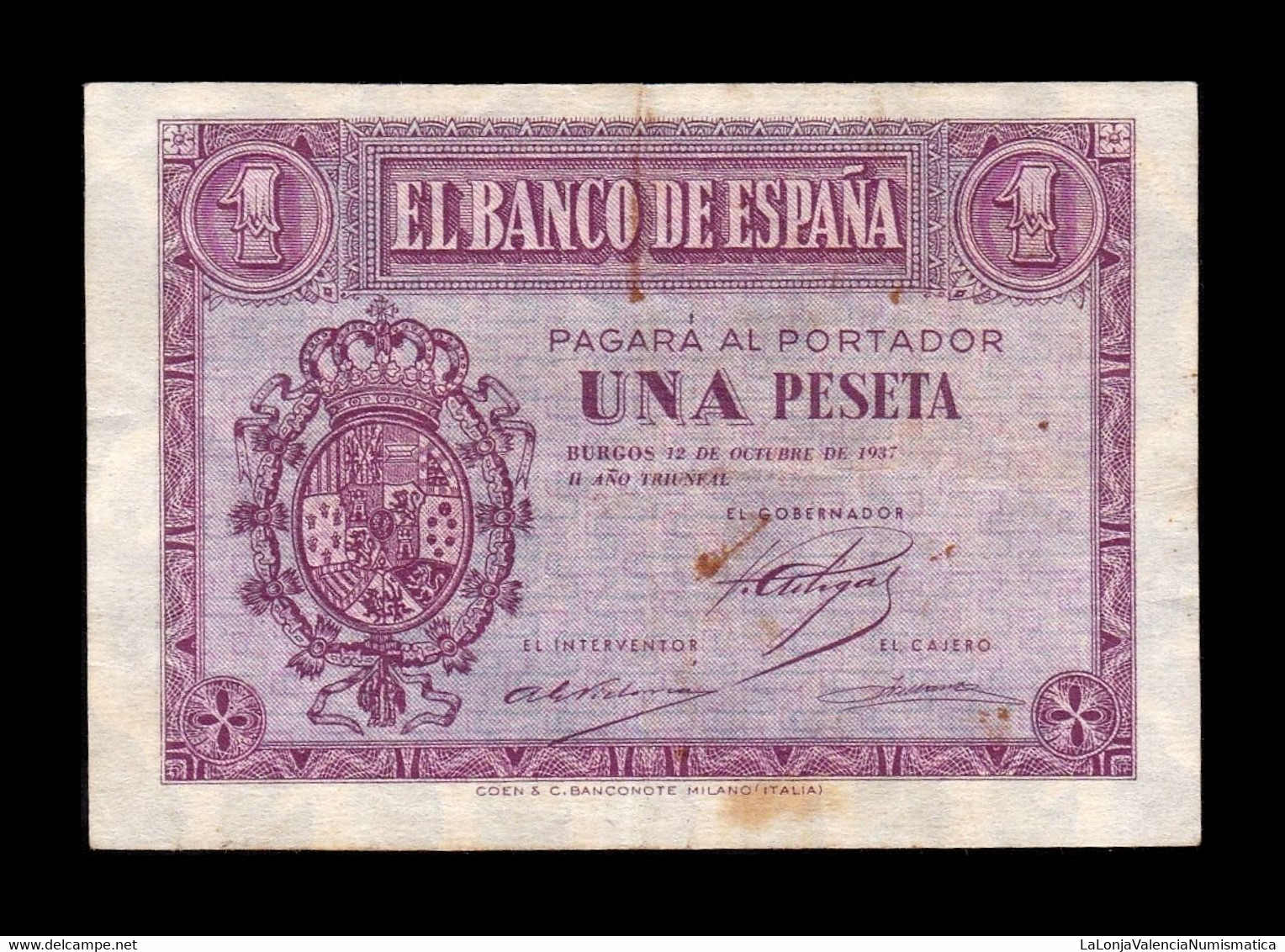 España Spain 1 Peseta Burgos 1937 Pick 104 Serie F MBC VF - 1-2 Peseten