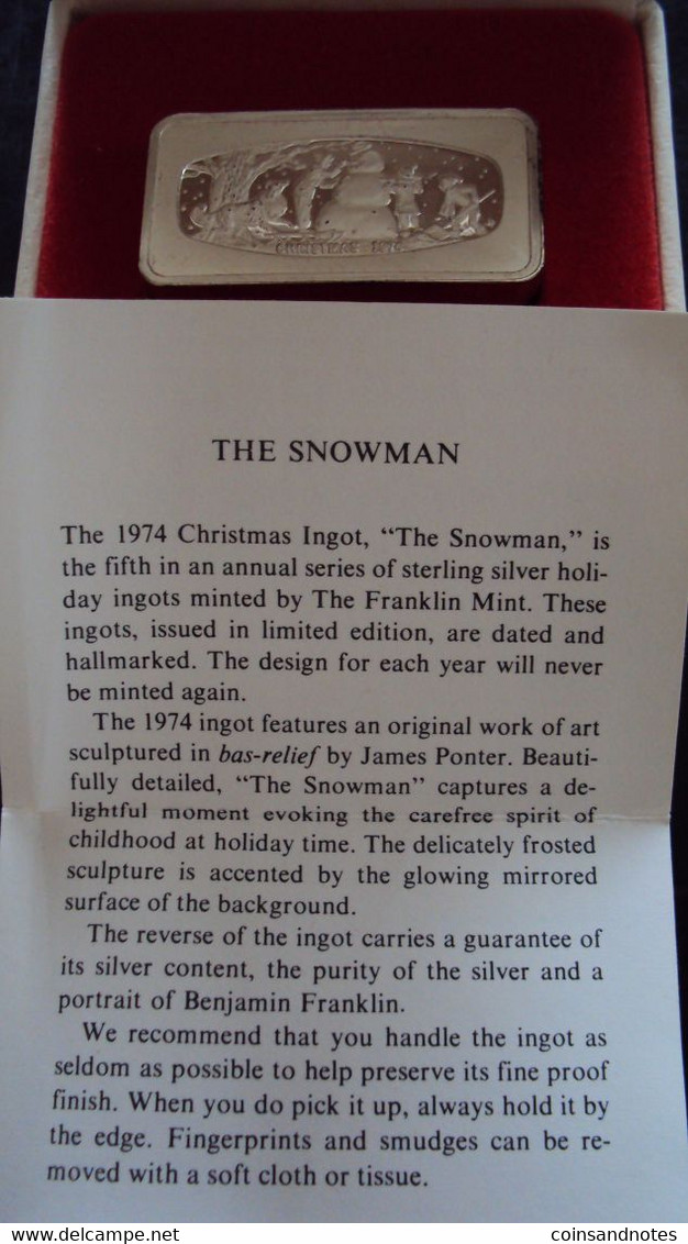 USA 1974 - Silver Bullion ‘The Snowman’ - Franklin Mint - In Box - COA - Collections