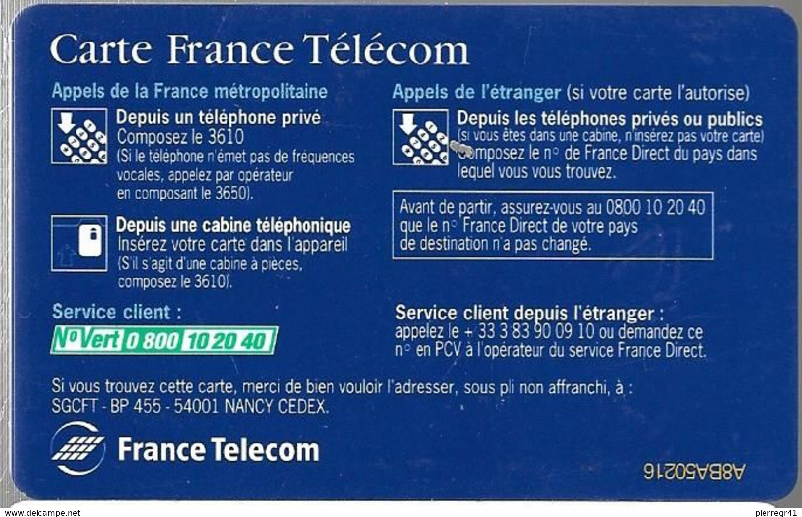 1-CARTE FRANCE TELECOM-PUCE SOL C-NATIONALE-SANS DATE-V°N°Vert En Bas A Gauche-TBE -  Cartes Pastel   