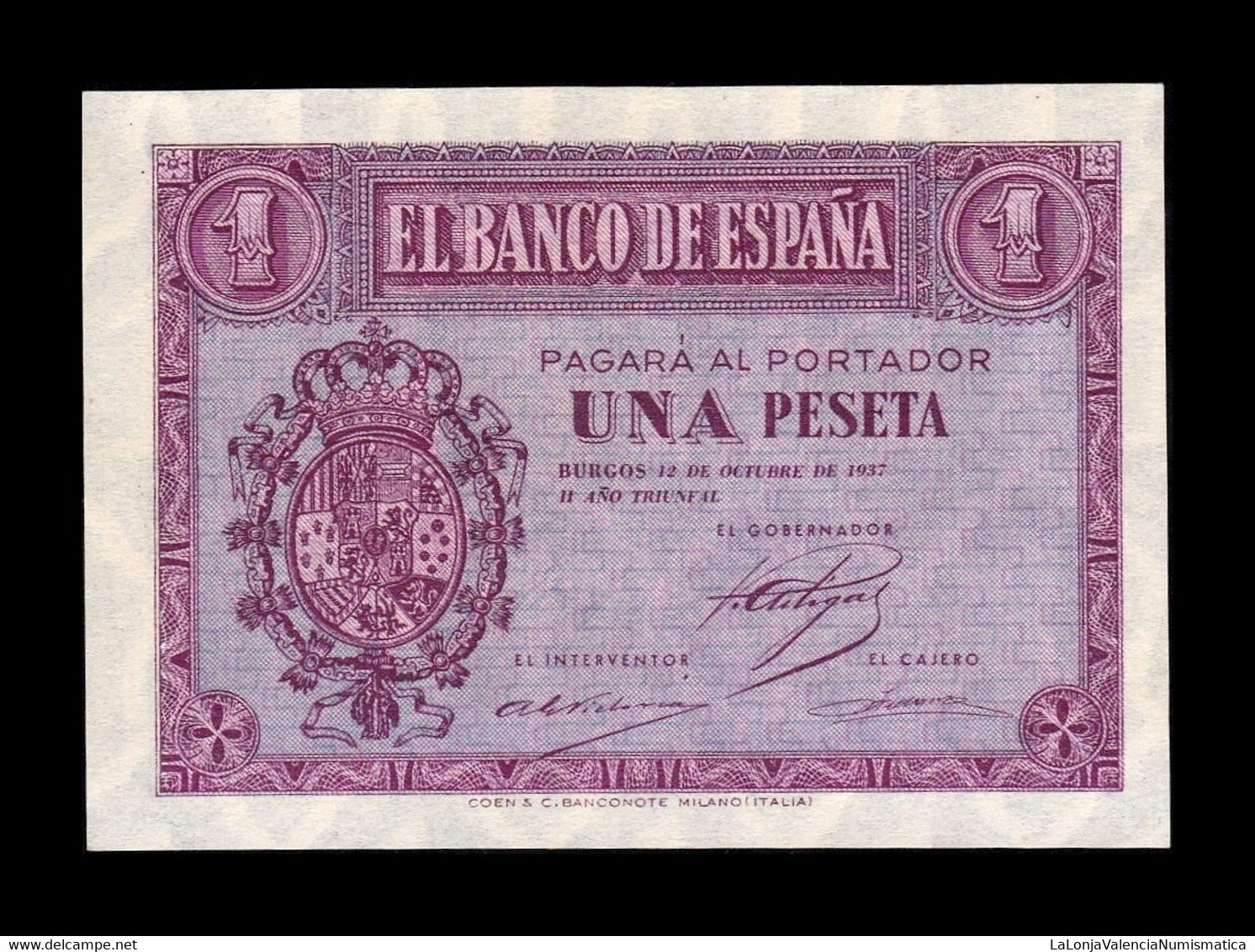 España Spain 1 Peseta Burgos 1937 Pick 104 Serie F SC UNC - 1-2 Pesetas