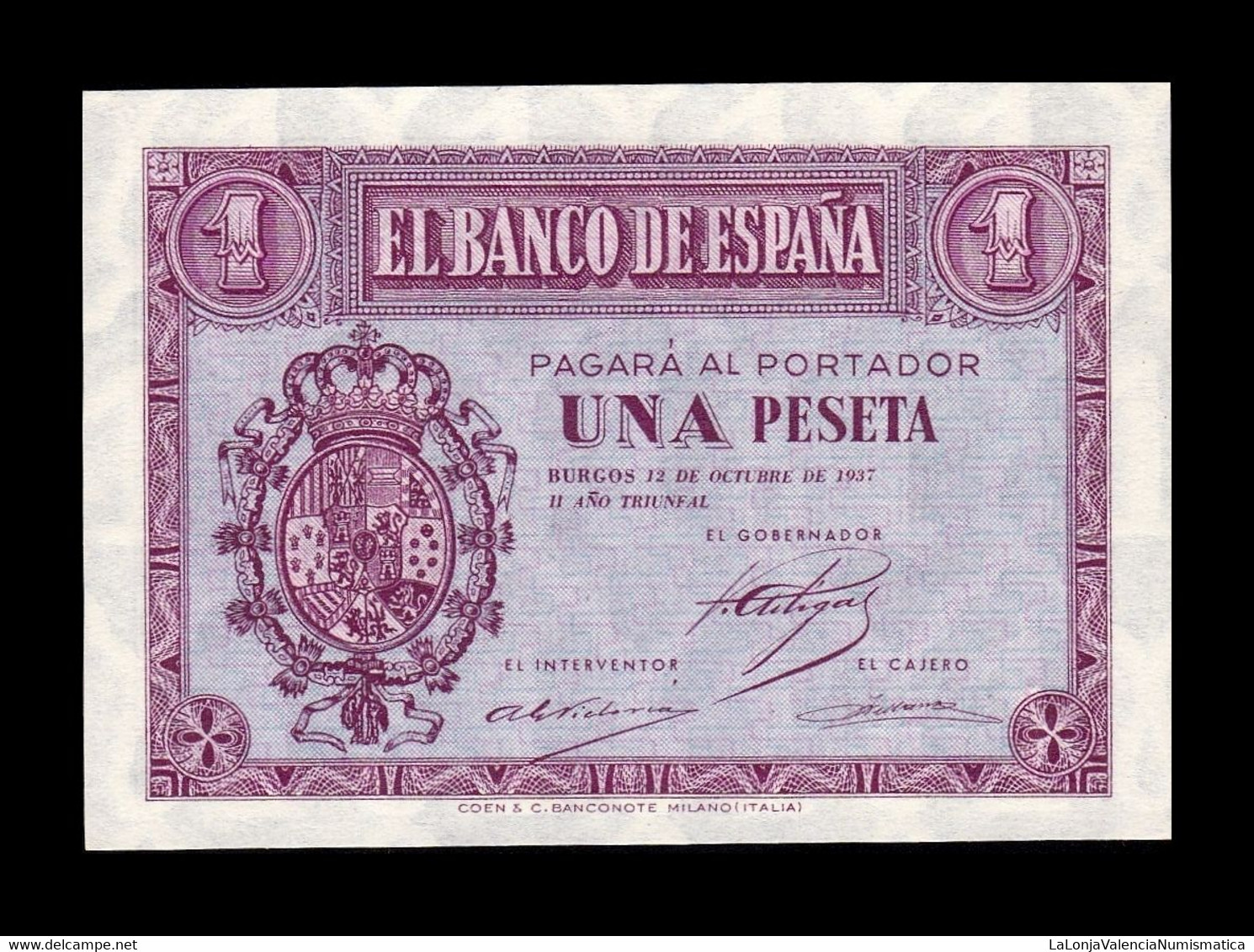 España Spain 1 Peseta Burgos 1937 Pick 104 Serie C SC UNC - 1-2 Pesetas