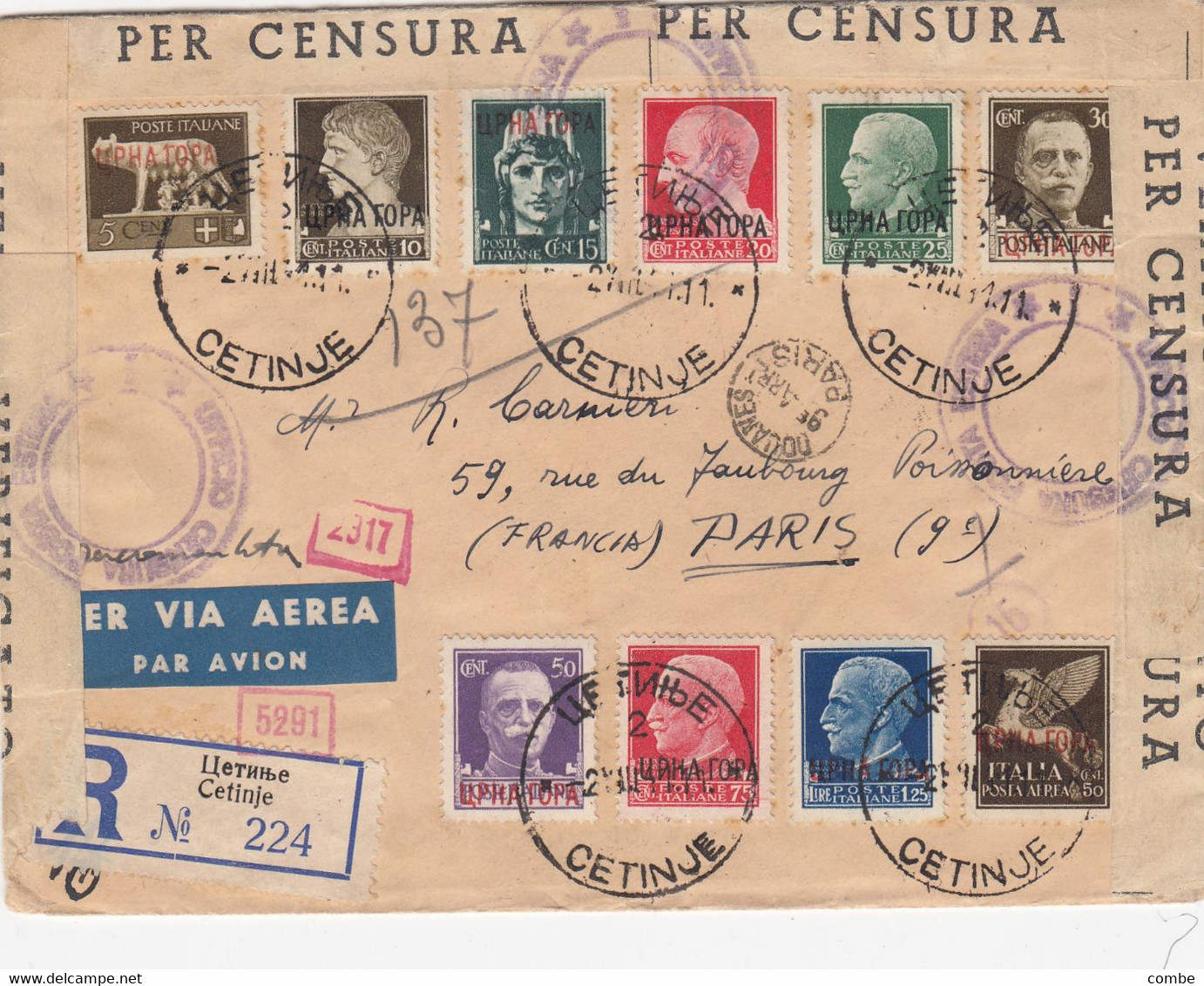 LETTRE. 1941. ITALIE OCCUPATION DU MONTENEGRO. RECOMMANDE CETINJE POUR PARIS. DOUANE PARIS. DOUBLE CENSURE / 2 - Montenegro