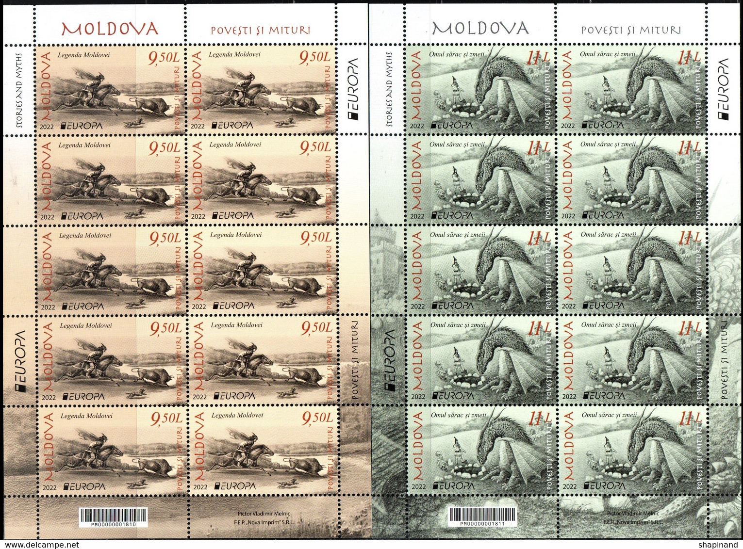 Moldova 2022 "Europa.Stories & Myths:"Dragosh Voda Hunting For Bison""The Poor Man And The Dragons" 2sheets Quality:100% - Moldova