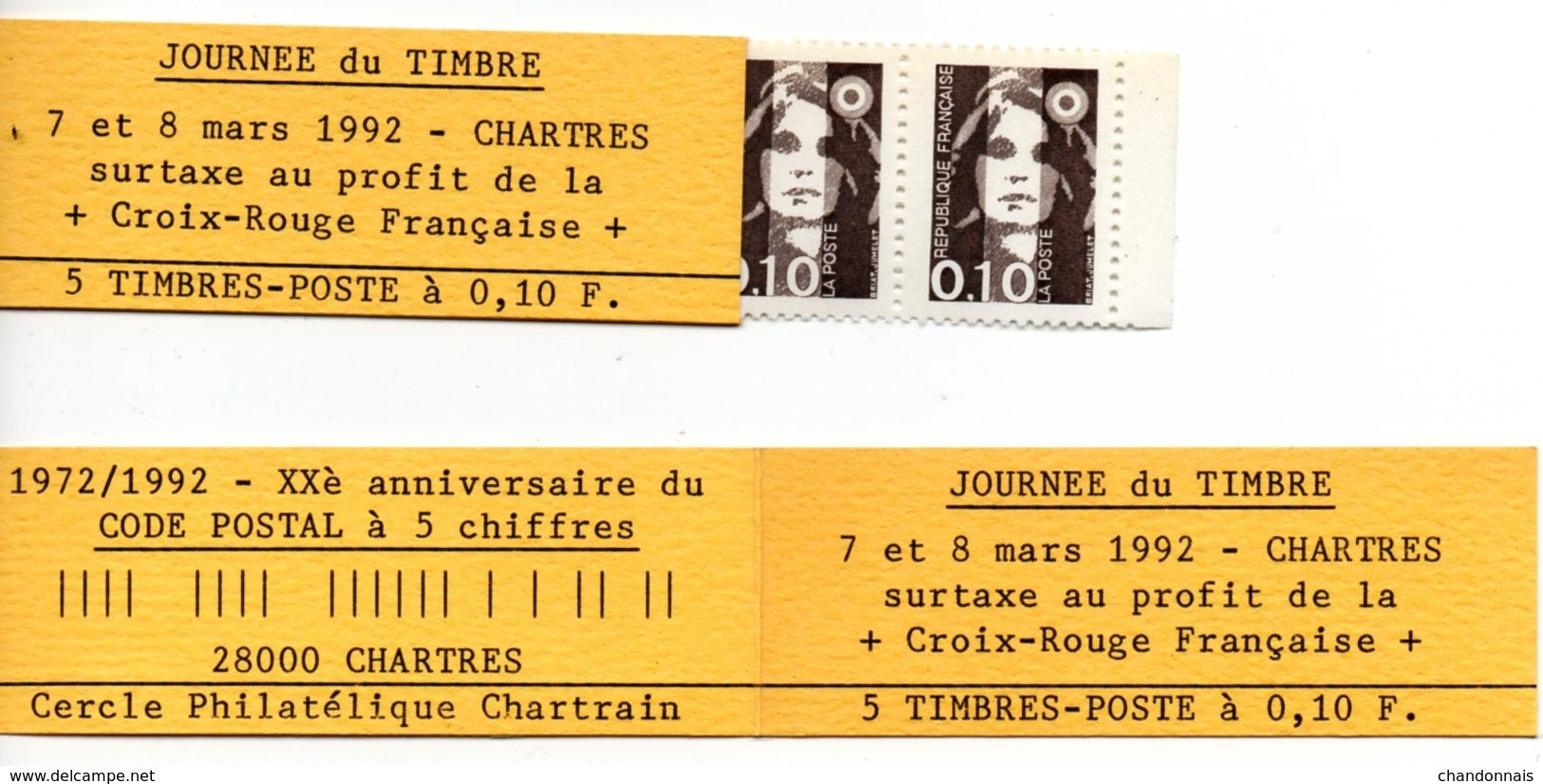 (L198) Marianne De Briat 0,10 (x 5 Exemplaires) Carnet Souvenir Chartres  20 Ans Du Code Postal (1992) - Otros & Sin Clasificación