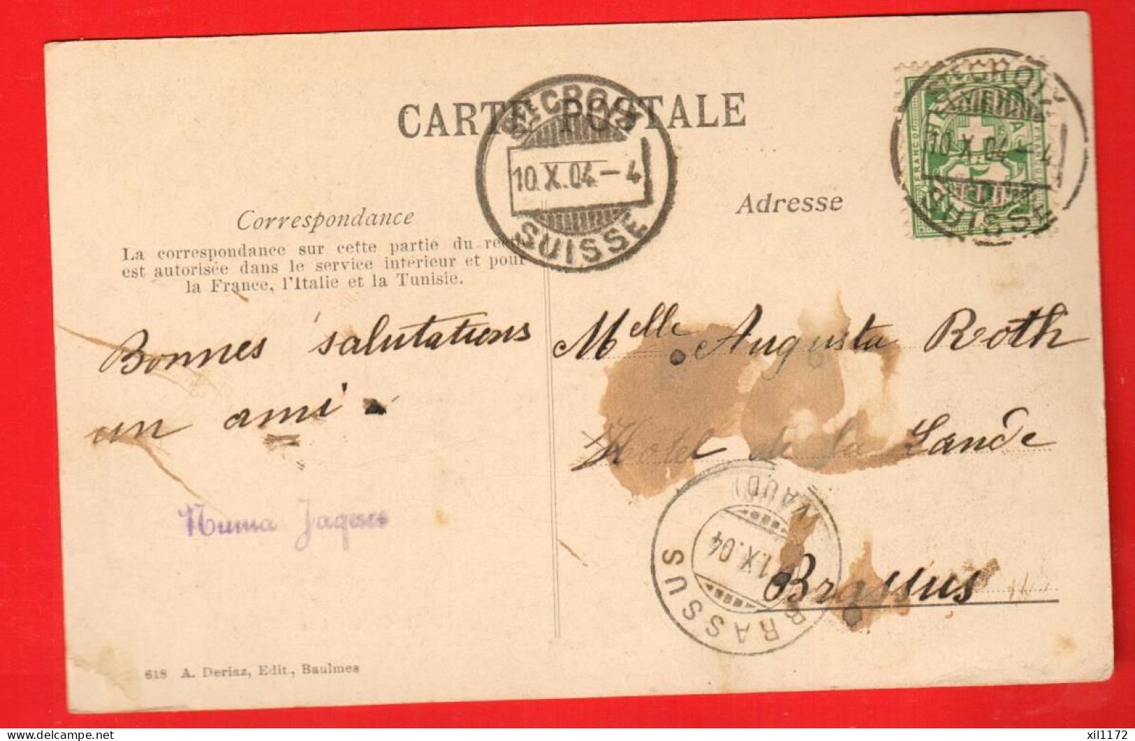 ZSH-38 Sainte-Croix Et Les Alpes  Circulé 1904  Vers Le Brassus. Tache Au Dos. Scan Du Dos - Sainte-Croix 