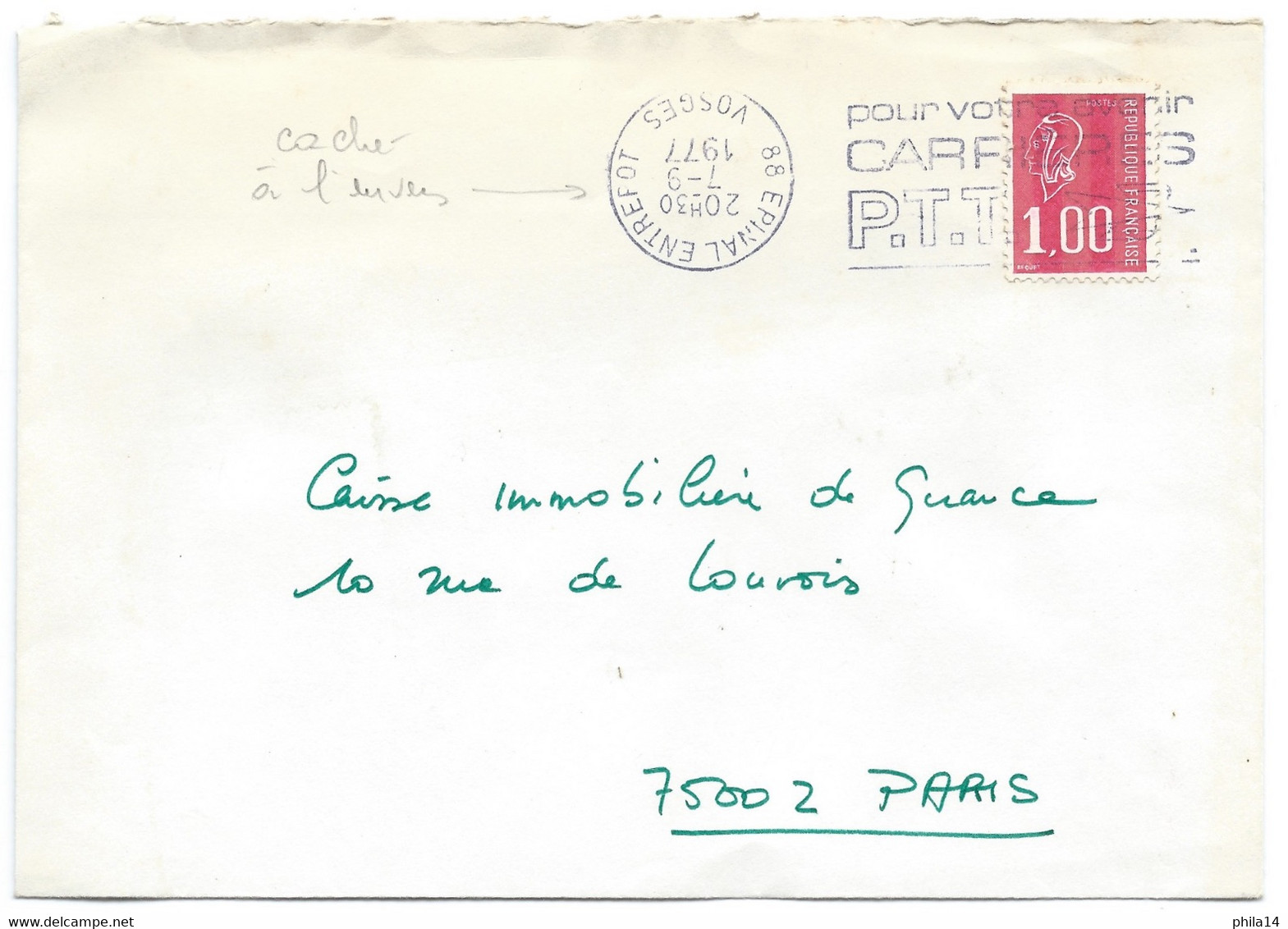 ENVELOPPE MARIANNE DE BEQUET / EPINAL ENTREPOT 1977 VOSGES / CACHET INVERSE - 1961-....