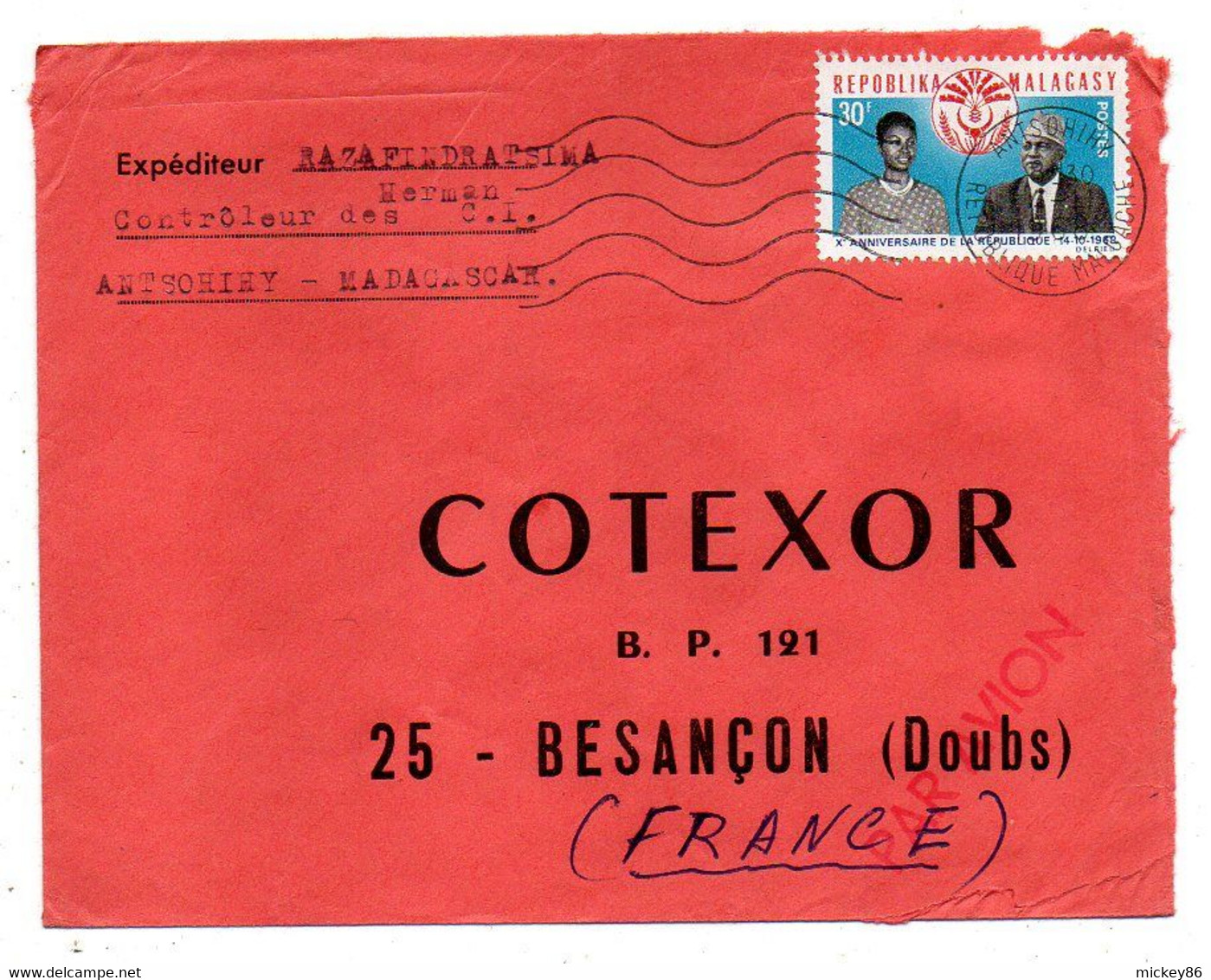 Madagascar-1968- Lettre ANTSOHIHY  Pour Besançon-25- Tp  10 Ans République  Seul Sur Lettre...cachet...à Saisir - Madagascar (1960-...)