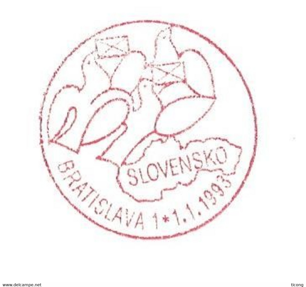 BRATISLAVA SLOVAQUIE - 1ER JOUR DU 2 JANVIER 1993, CACHET ROUGE COLOMBES DE LA PAIX ET COURRIERS, RARE DOCUMENT A SAISIR - Brieven En Documenten