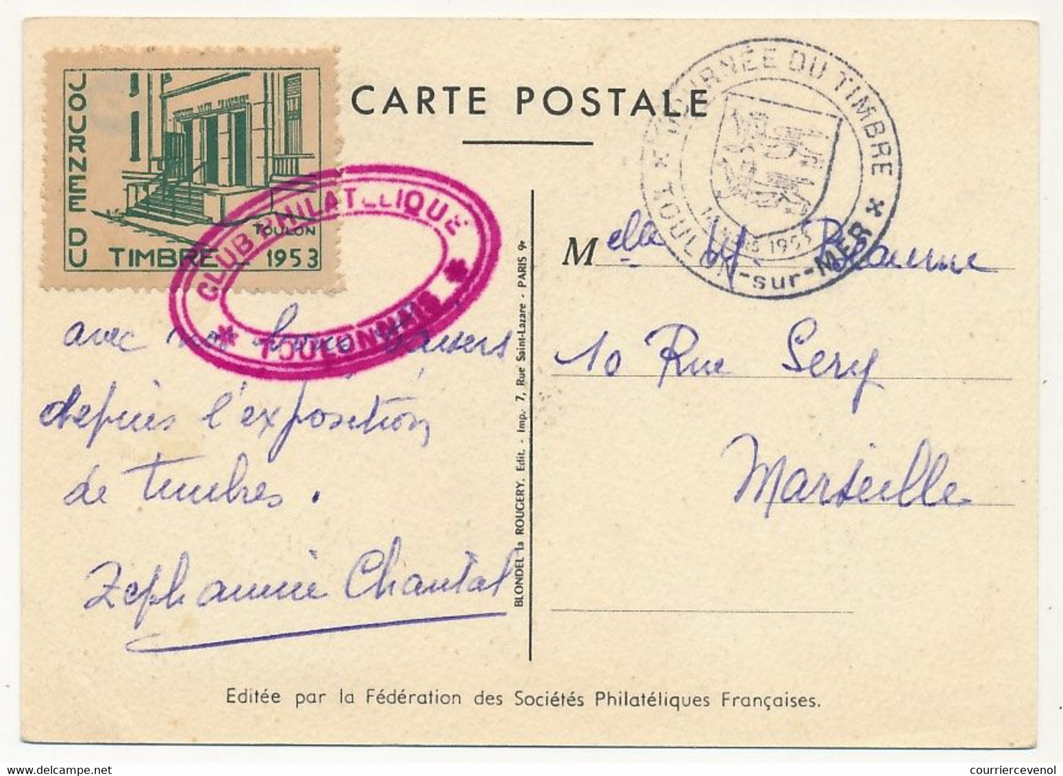 FRANCE => Vignette "Journée Du Timbre 1953 TOULON" Sur Carte Fédérale 12F + 3F D'Argenson - Toulon Mars 1953 - Briefmarkenmessen