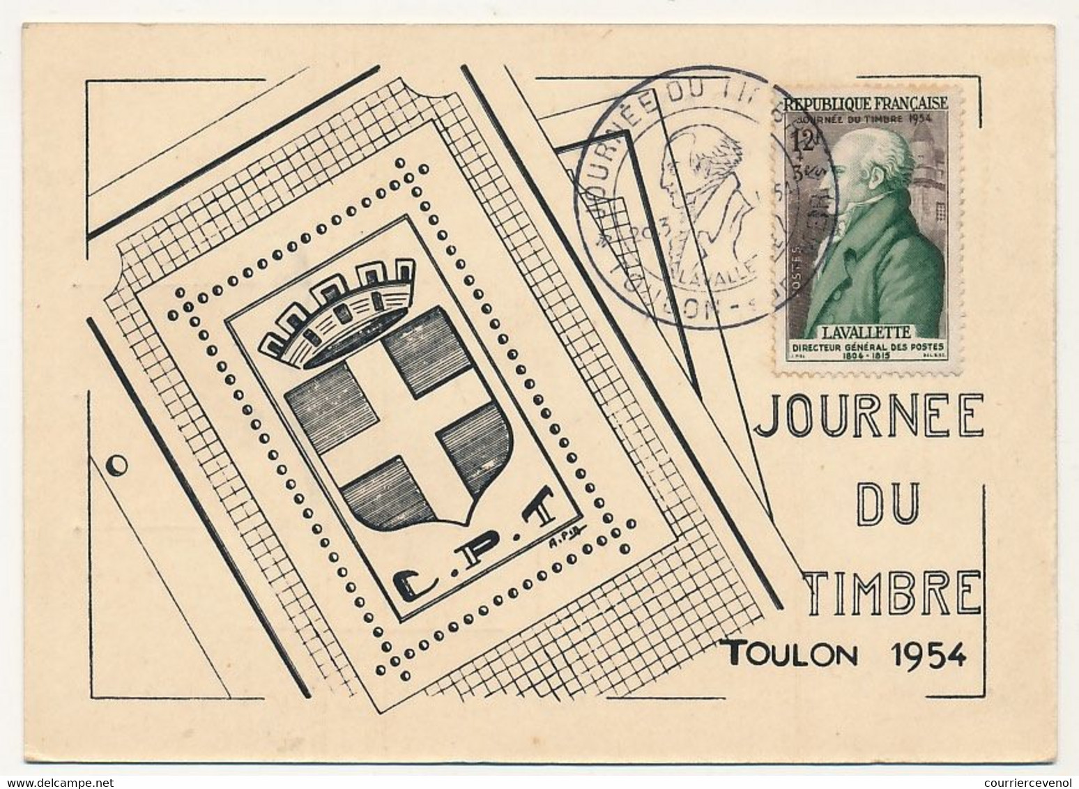 FRANCE => Vignette "Journée Du Timbre 1954 TOULON" Sur Carte Locale 12F + 3F Lavalette - Toulon 1954 - Expositions Philatéliques