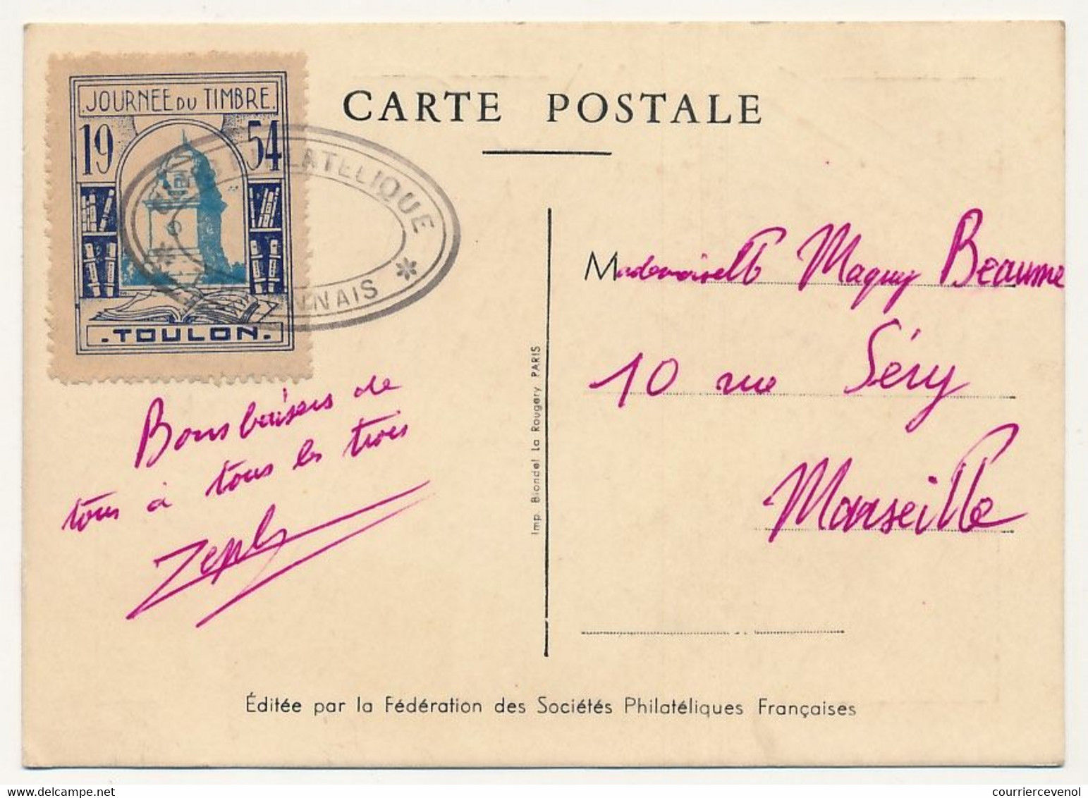 FRANCE => Vignette "Journée Du Timbre 1954 TOULON" Sur Carte Locale 12F + 3F Lavalette - Toulon 1954 - Briefmarkenmessen