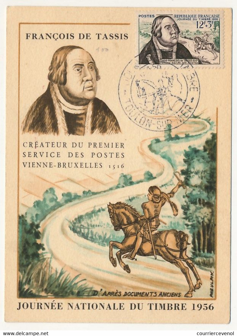 FRANCE => Vignette "Journée Du Timbre 1956 TOULON" Sur Carte Fédérale 12F + 3F François De Tassis - Toulon 1956 - Expositions Philatéliques