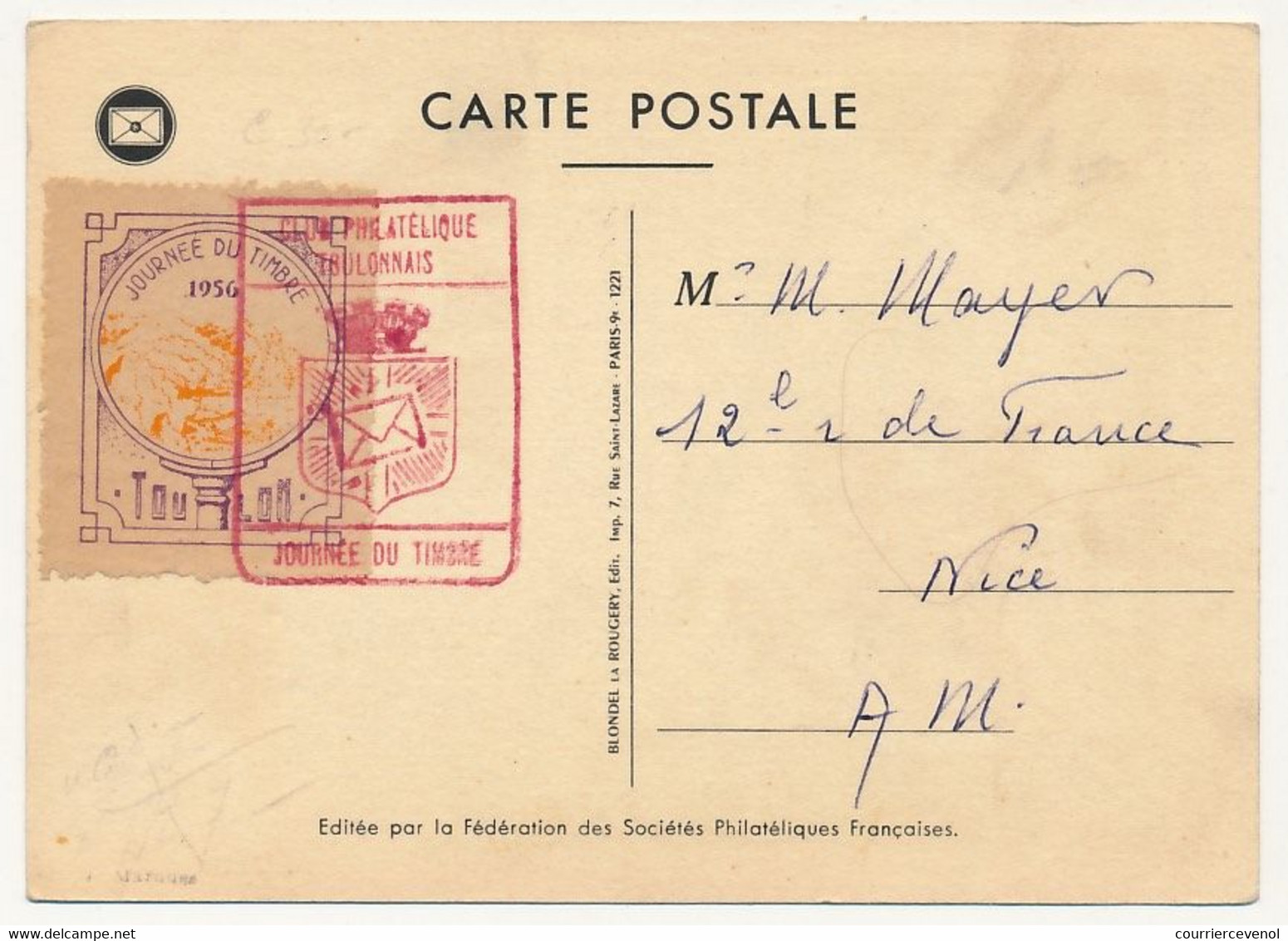 FRANCE => Vignette "Journée Du Timbre 1956 TOULON" Sur Carte Fédérale 12F + 3F François De Tassis - Toulon 1956 - Briefmarkenmessen