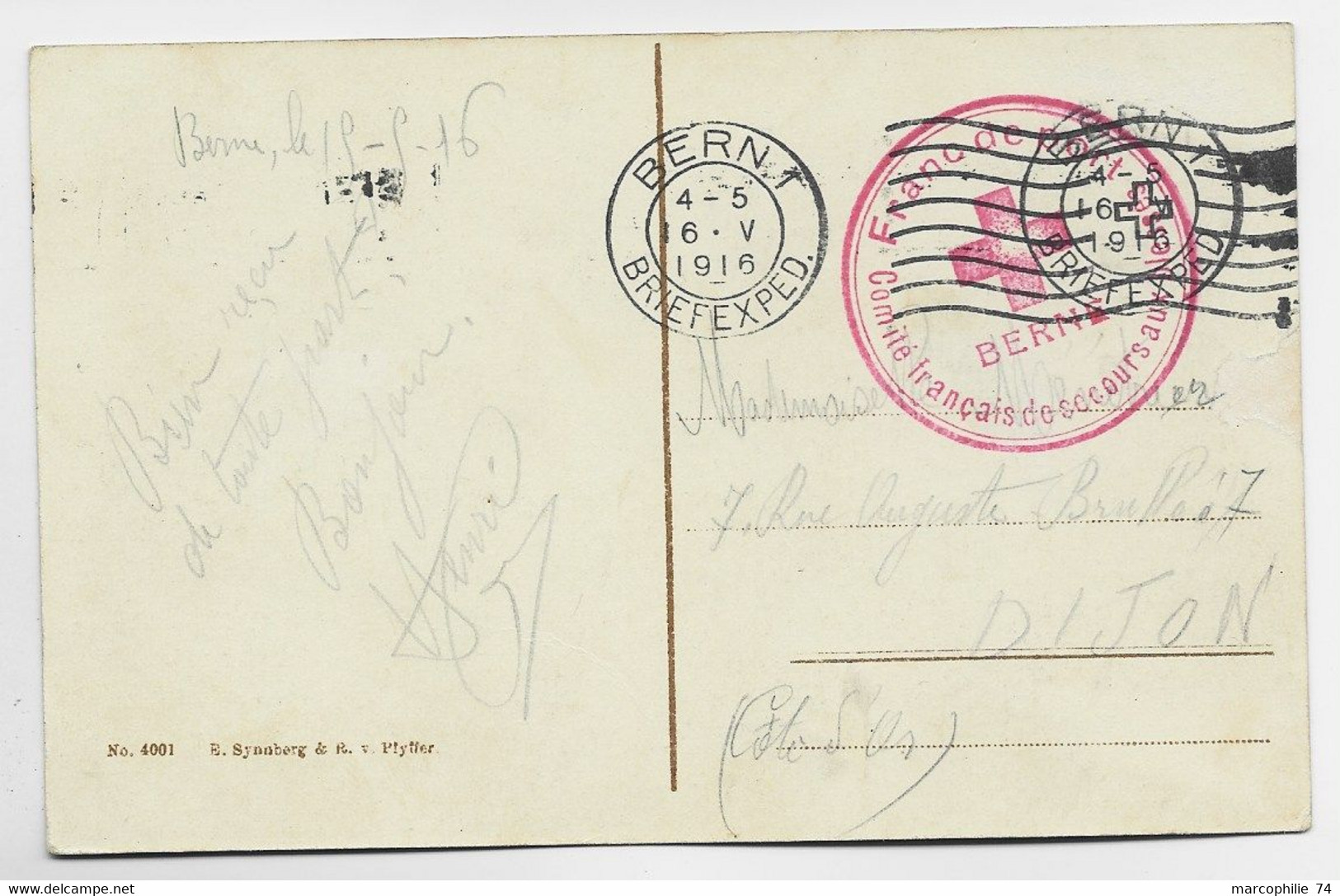 HELVETIA SUISSE  CARTE  BERNE 1916 + CCAHET ROUGE FRANCO DE PORT COMITE FRANCAIS + CROIX ROUGE - Postmarks