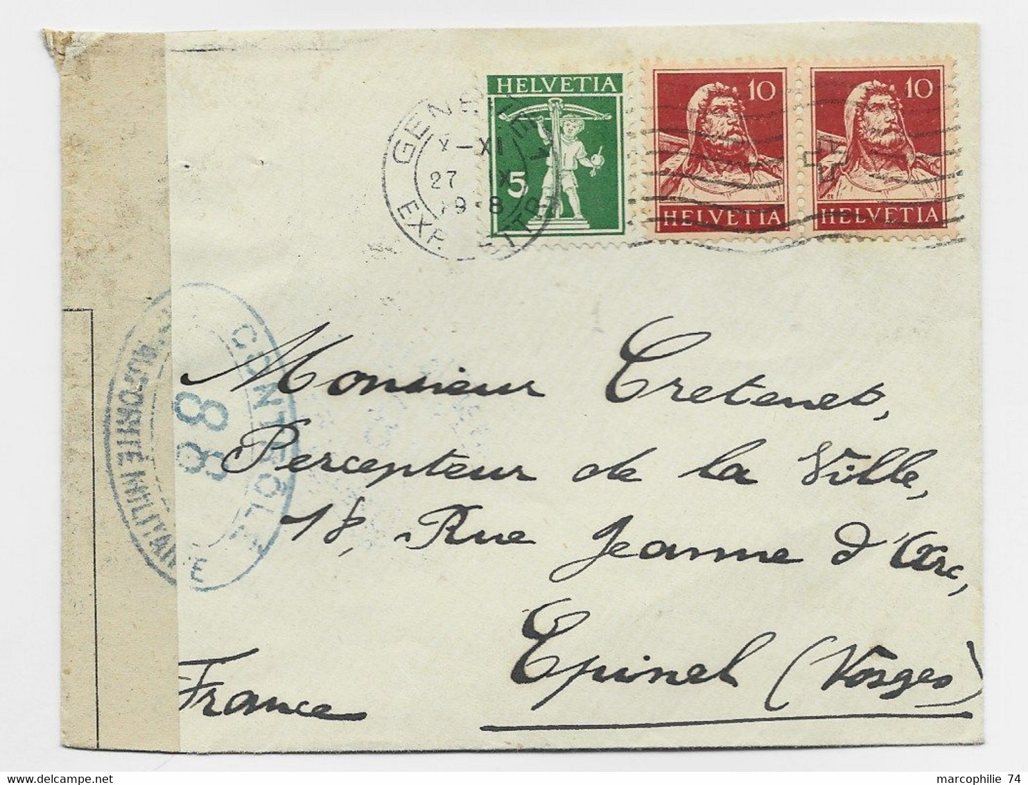 HELVETIA SUISSE  10CX2+5C LETTRE COVER GENEVE 1918 POUR FRANCE EPINAL VOSGES CENSURE CONTROLE 88 - Oblitérations