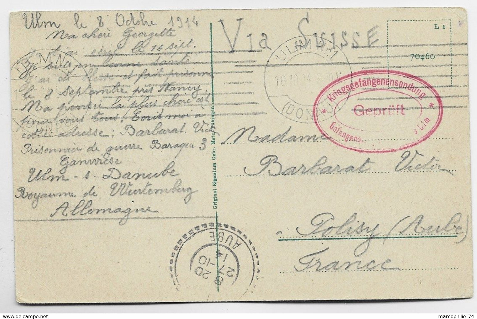 GERMANY KARTE ULM 1914 TO POLISY AUBE  FRANCE VIA SUISSE + GEPRUT KRIEGS - Poststempel