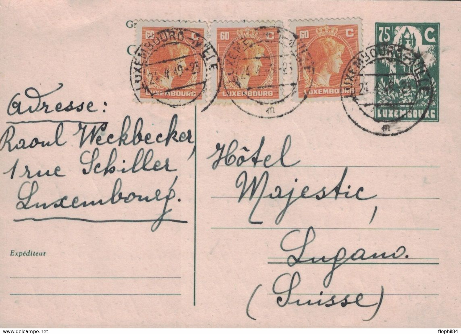 LUXEMBOURG - ENTIER POSTAL POUR LA SUISSE LE 24-4-1949 - AVEC COMPLEMENT D'AFFRANCHISSEMENT. - Entiers Postaux