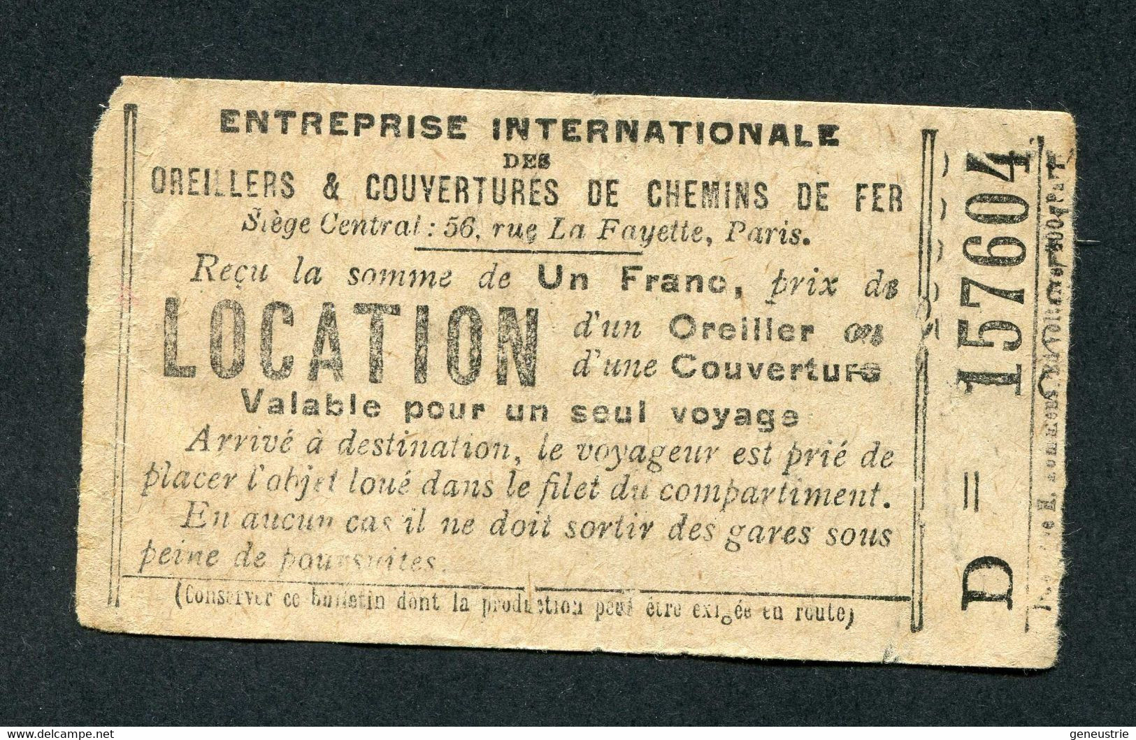 Rare Ticket "Reçu De 1 Franc Pour La Location D'un Oreillet Et D'une Couverture - Valable Pour Un Seul Voyage" Paris - Europa