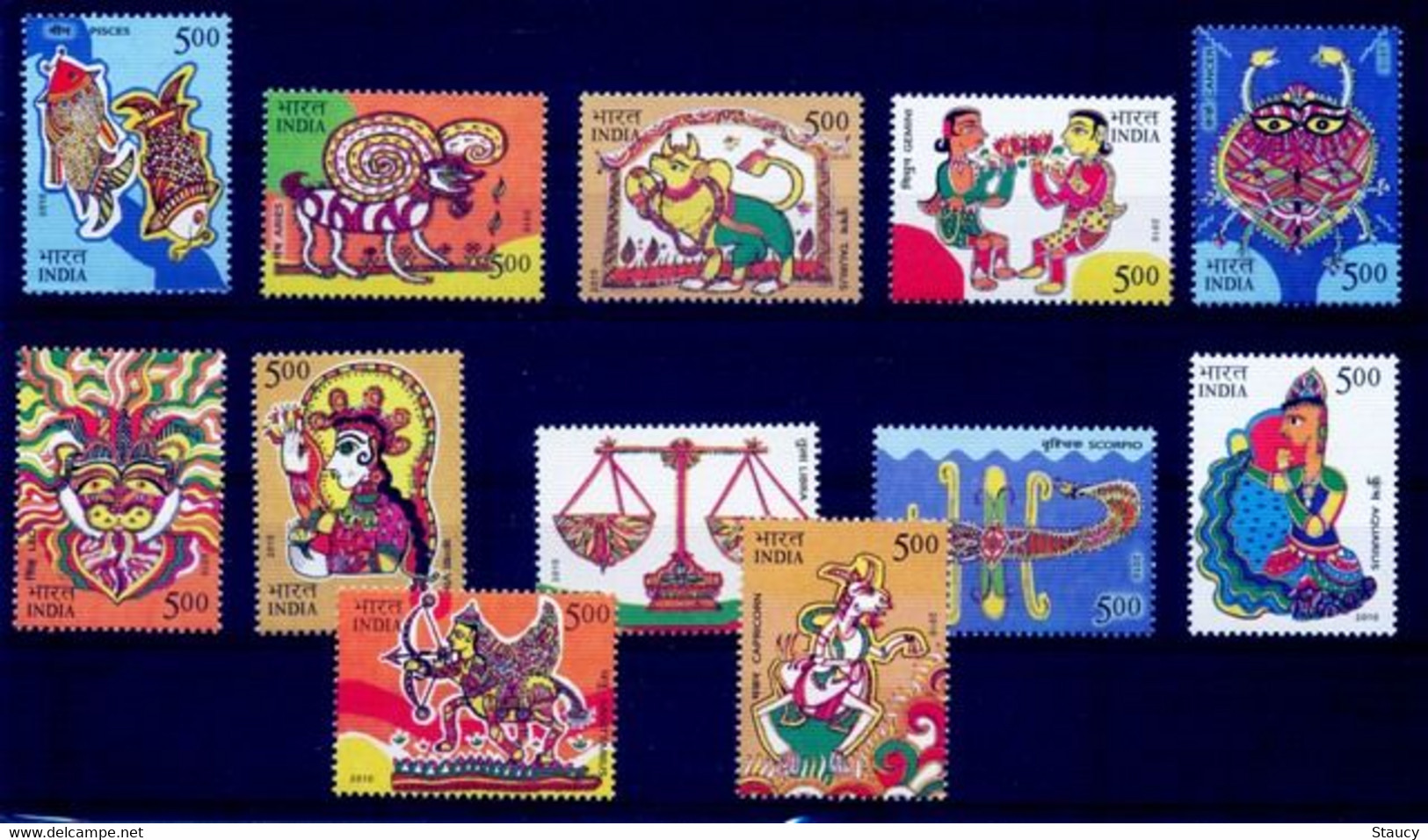 India 2010 Astrological Signs Zodiac Art Paintings Stamps 12v Set Of Rs.5.00 Stamps MNH - Hinduism