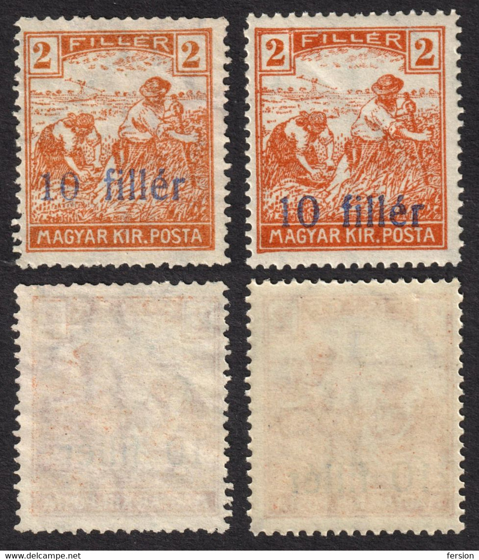 Two Different 10 Fill. Number 1919 Romania Occupation Temesvár Timisoara Transylvania Serbia Hungary HARVESTER Overprint - Transylvania