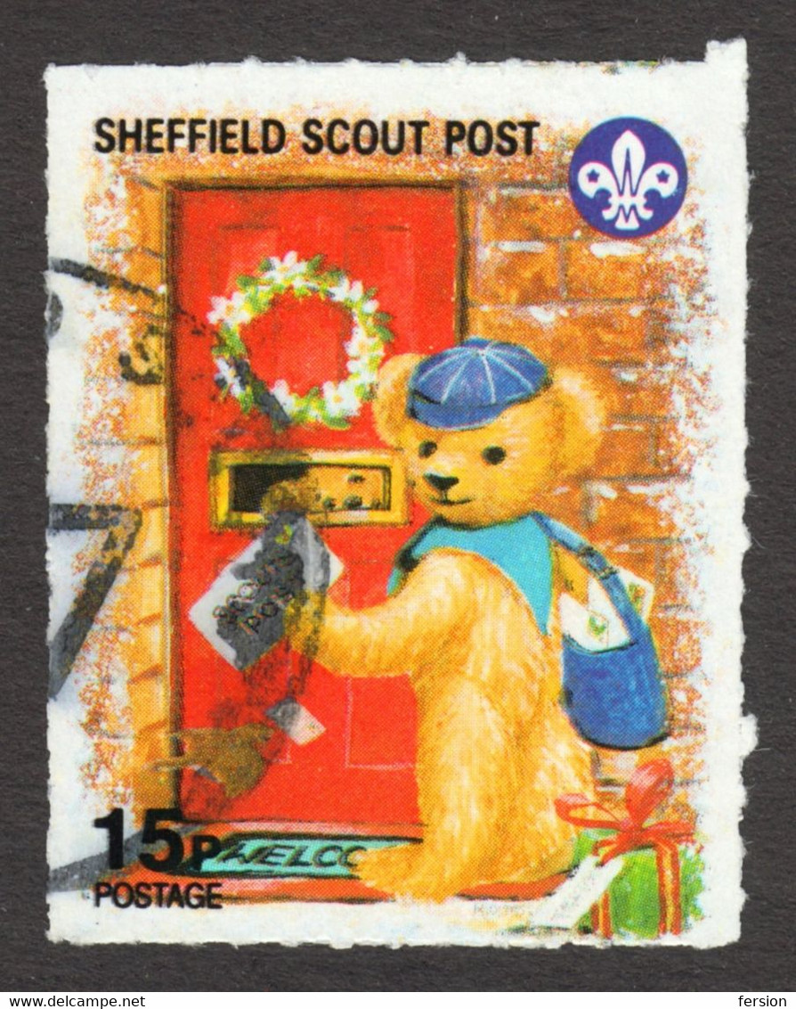 Scout SCOUTS Post Sheffield - Teddy BEAR Postman Christmas Holly Door Wrath VIGNETTE LABEL CINDERELLA BRITAIN ENGLAND - Gebraucht