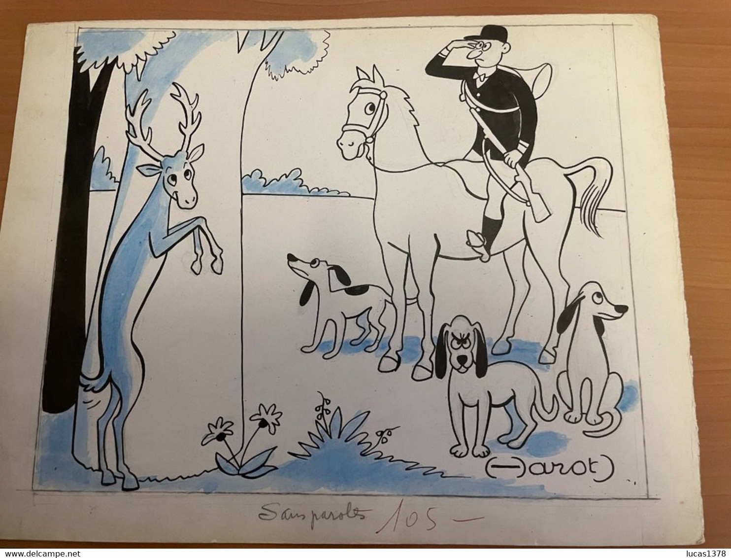 Jean CHAPERON : Rare Grand Dessin Original Signé De Son Pseudo (-Arot) Encre Crayons De Couleur / THEME CHASSE A COURRE - Chaperon, Jean