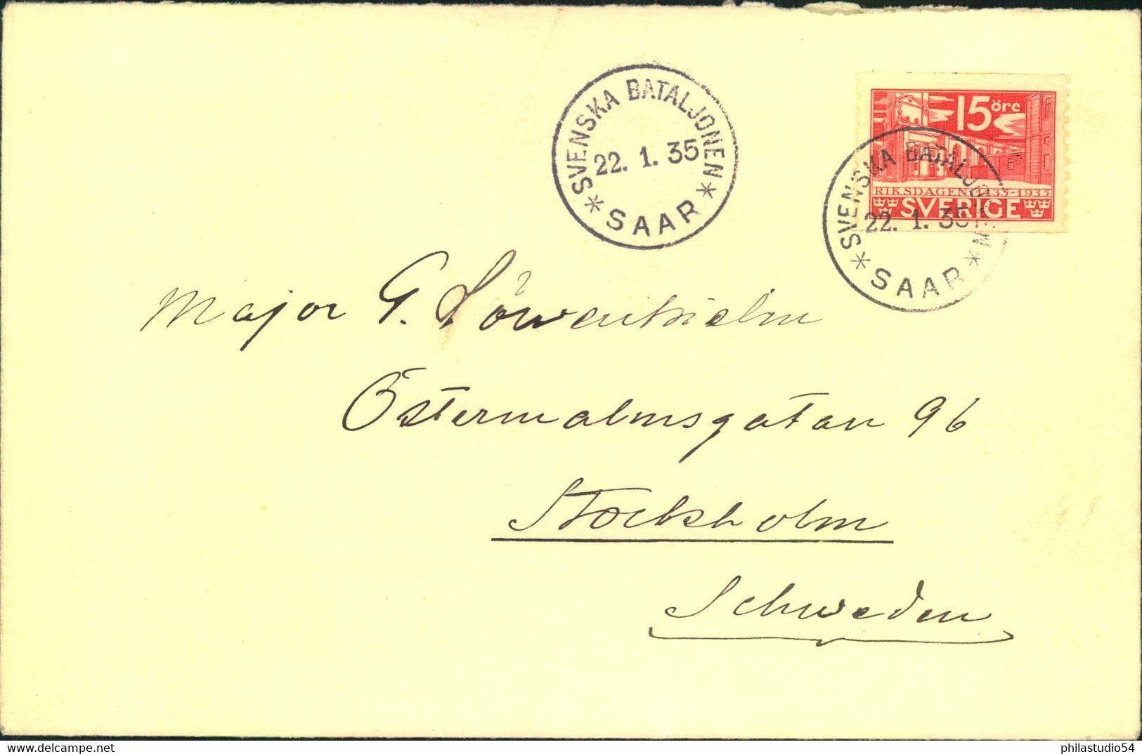 1935, Brief Mit Absender "SVENSKA BATALJONEN - SAAR" Nach Stockholm, Mit Ankunftsstempel - Briefe U. Dokumente