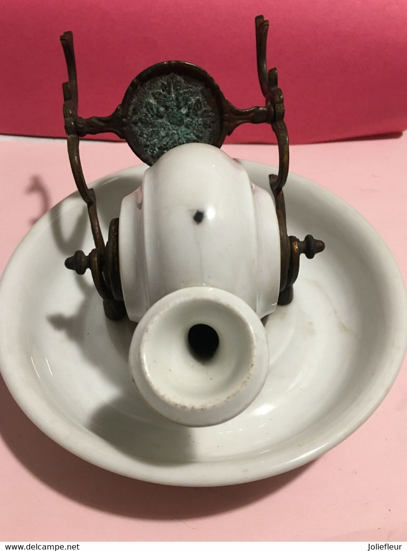 Encrier Siphoïde à Bascule, Escargot, Porcelaine De Paris, Armature BronzeXIXème - Tinteros