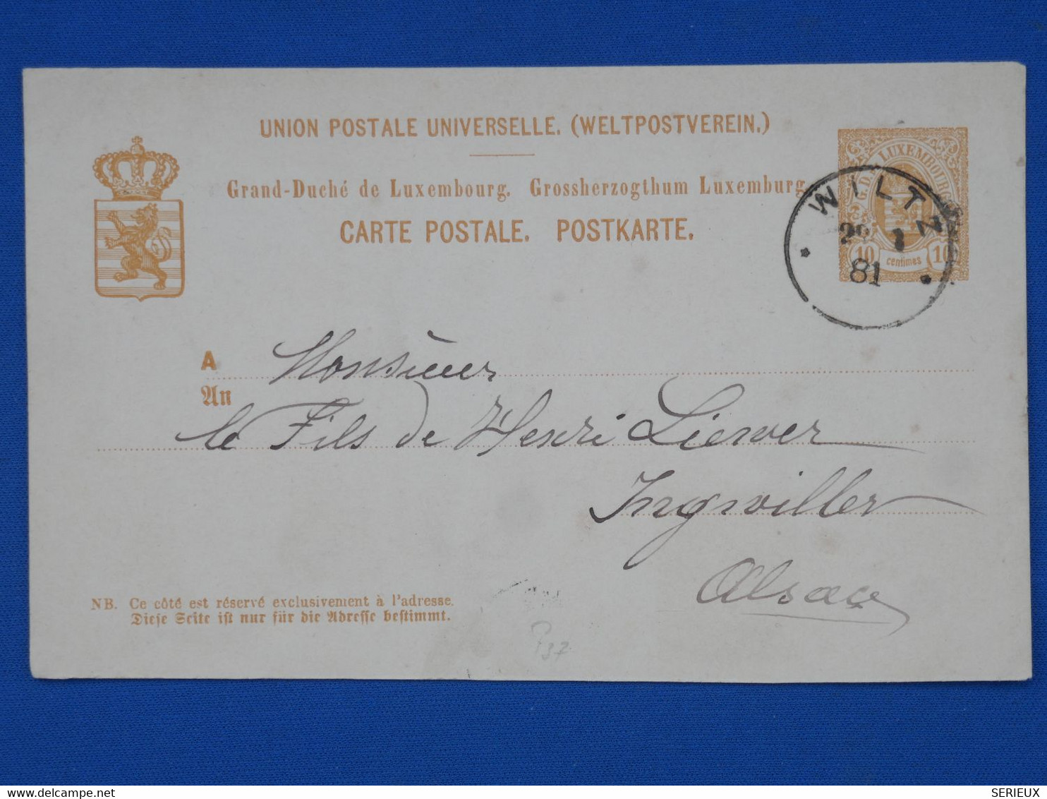 BH14 LUXEMBOURG   BELLE CARTE  ENTIER RR   1881 WILTZ A INGWILER FRANCE +AFF. INTERESSANT++ - Interi Postali