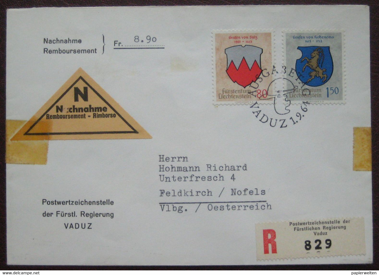 Liechtenstein Nachnahme Einschreiben FDC 1964 - Wappen (Grafen Von Sulz / Grafen Von Hohenems) Nach Feldkirch Nofels - Lettres & Documents
