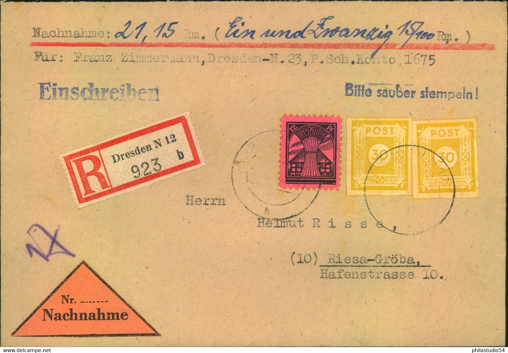 1946, Einschreiben Nachnahme Mit Interessanter Frankatur Ab DRESDEN - Autres & Non Classés