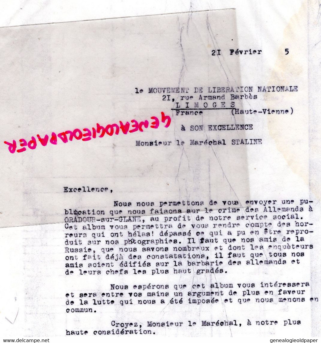 GUERRE 1939-1945-ORADOUR GLANE-LETTRE LIBERATION-MLN-LIBERATION-LEONIE REYNAUD-LIMOGES-MARECHAL STALINE URSS - Documents Historiques