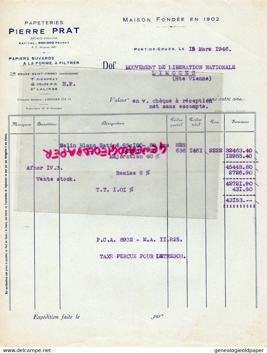 GUERRE 1939-1945-ORADOUR GLANE-LIBERATION-MLN-LIBERATION-LEONIE REYNAUD-LIMOGES-PORT DE COUZE PAPETERIE PIERRE PRAT - Documents Historiques