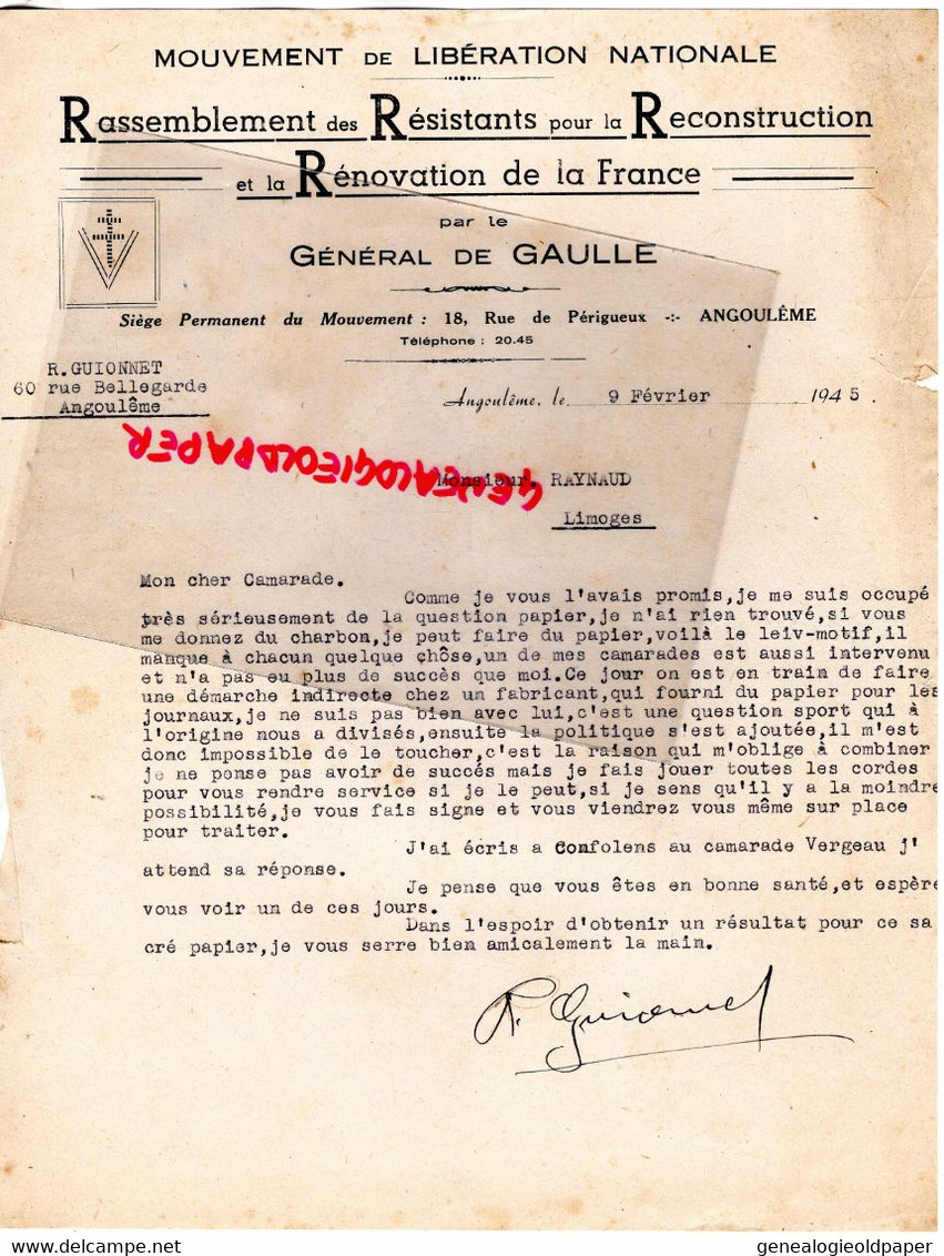 GUERRE 1939-1945-ORADOUR GLANE-LIBERATION-MLN-LIBERATION-LEONIE REYNAUD-LIMOGES-ANGOULEME GENERAL DE GAULLE-GUIONNET - Documents Historiques