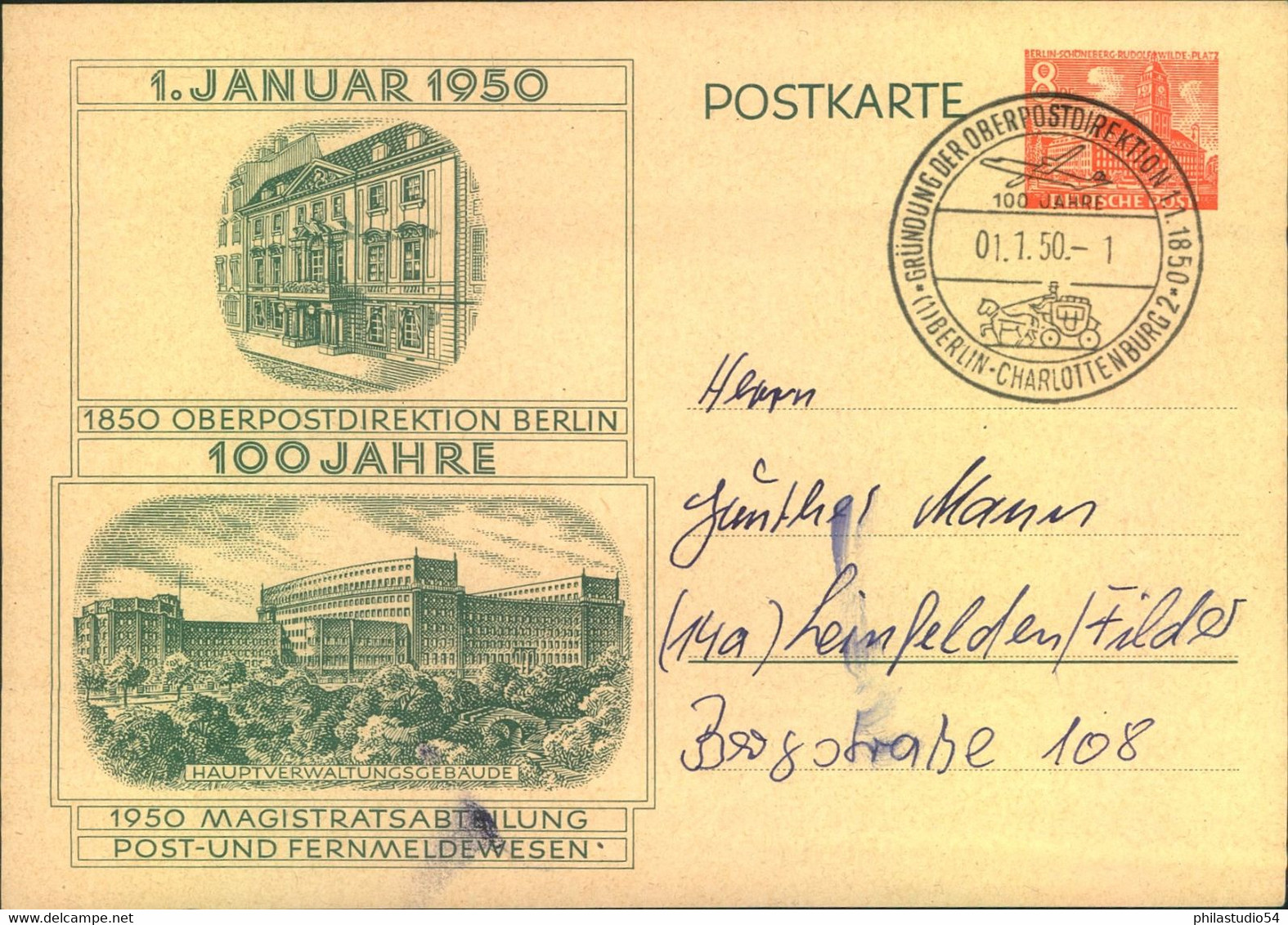 1950, "100 Jahre Berliner Oberpostdirektion" 8 Pfg GSK Mit Sonderstempel Vom Ersttag 1.1.50 Mit Viel Text Gebraucht - Andere & Zonder Classificatie