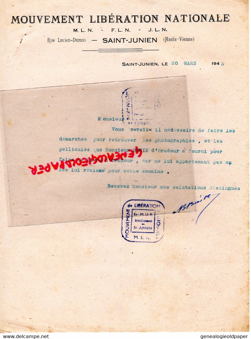GUERRE 1939-1945-ORADOUR GLANE-LIBERATION-MLN-LEONIE REYNAUD-LIMOGES-ST SAINT JUNIEN RUE LUCIEN DUMAS-M. BORIE - Documents Historiques