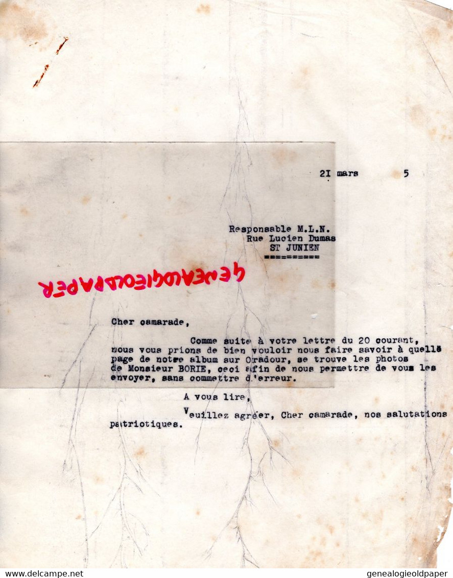 GUERRE 1939-1945-ORADOUR GLANE-LIBERATION-MLN-LEONIE REYNAUD-LIMOGES-ST SAINT JUNIEN RUE LUCIEN DUMAS-M. BORIE - Documents Historiques