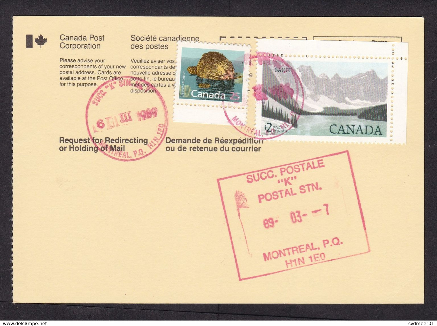 Canada: Official Postcard, 1989, 2 Stamps, Request Redirecting Or Holding Mail, Box Cancel, Uncommon (traces Of Use) - Brieven En Documenten
