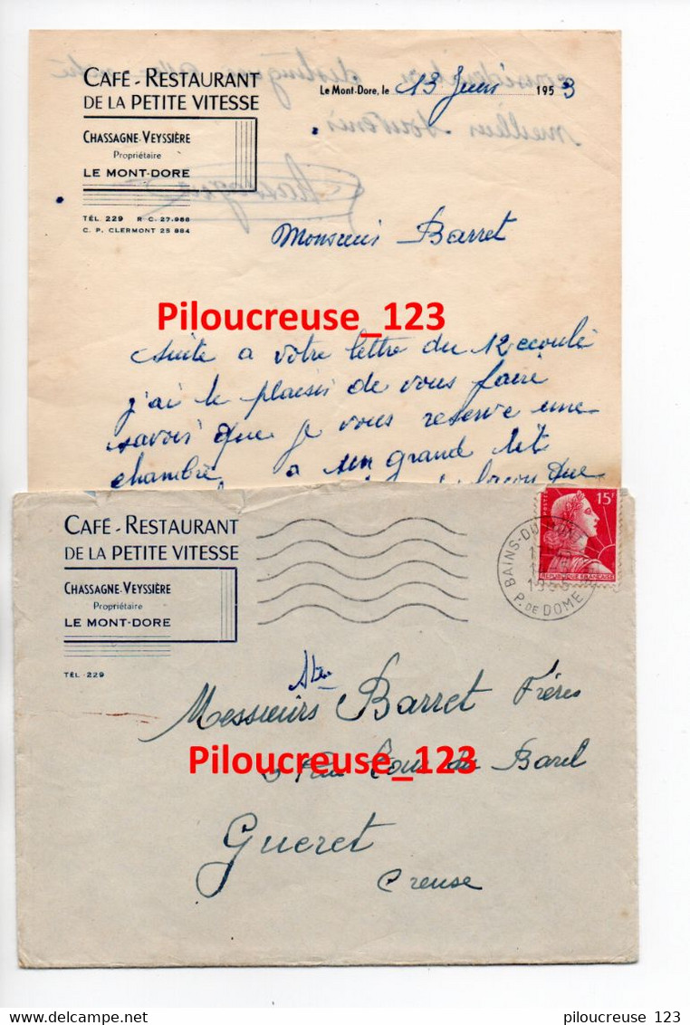 63 Puy De Dôme - " Enveloppe + Courrier - Café Restaurant De La Petite Vitesse - CAD Bains Du MONT DORE Du 13/06/1955 " - Sport En Toerisme