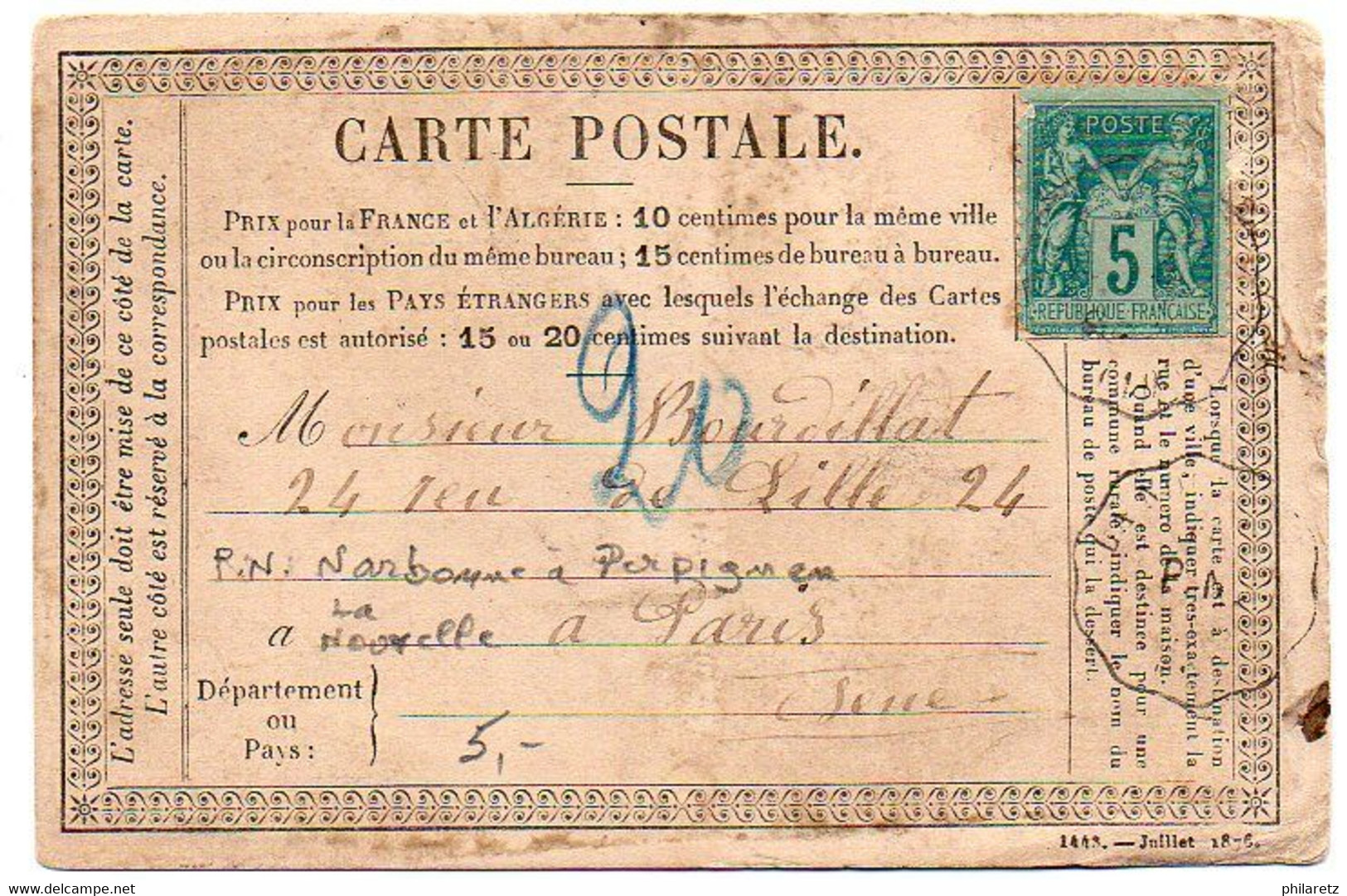 5c Sage Sur Carte Précurseur De 1877 Avec Taxe 20 Au Crayon Bleu - CaD De Convoyeur-station 'La NOUVELLE' - Etat Moyen - 1877-1920: Semi Modern Period