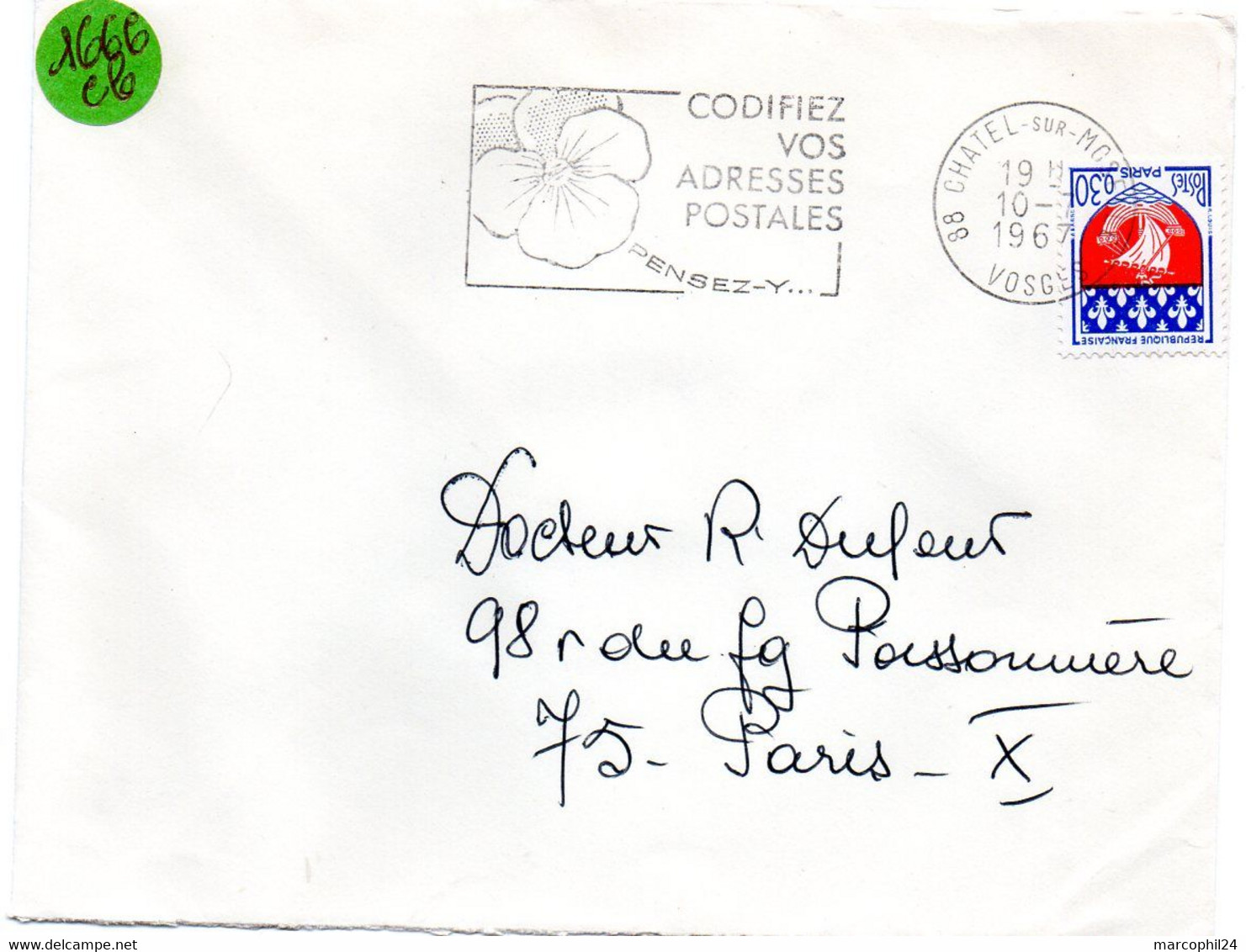 VOSGES - Dépt N° 88 = CHATEL Sur MOSELLE 1967 = FLAMME Codée =  SECAP Multiple ' PENSEZ + CODIFIEZ' = Pensée N° 1 - Codice Postale