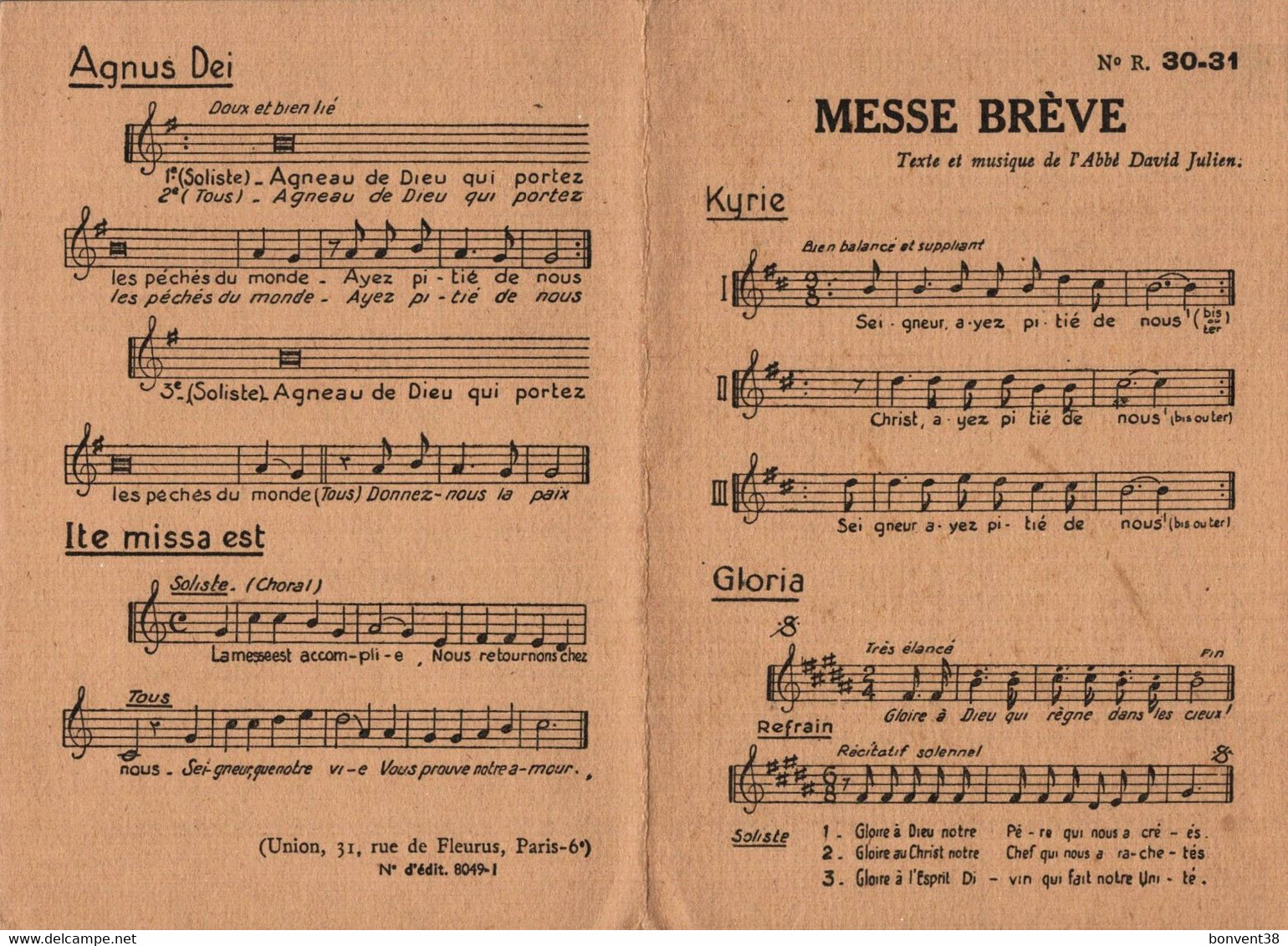 I0511 - N° 30-31 - MESSE BRÈVE - Texte Et Musique De L'Abbé David Julien - Canto (corale)