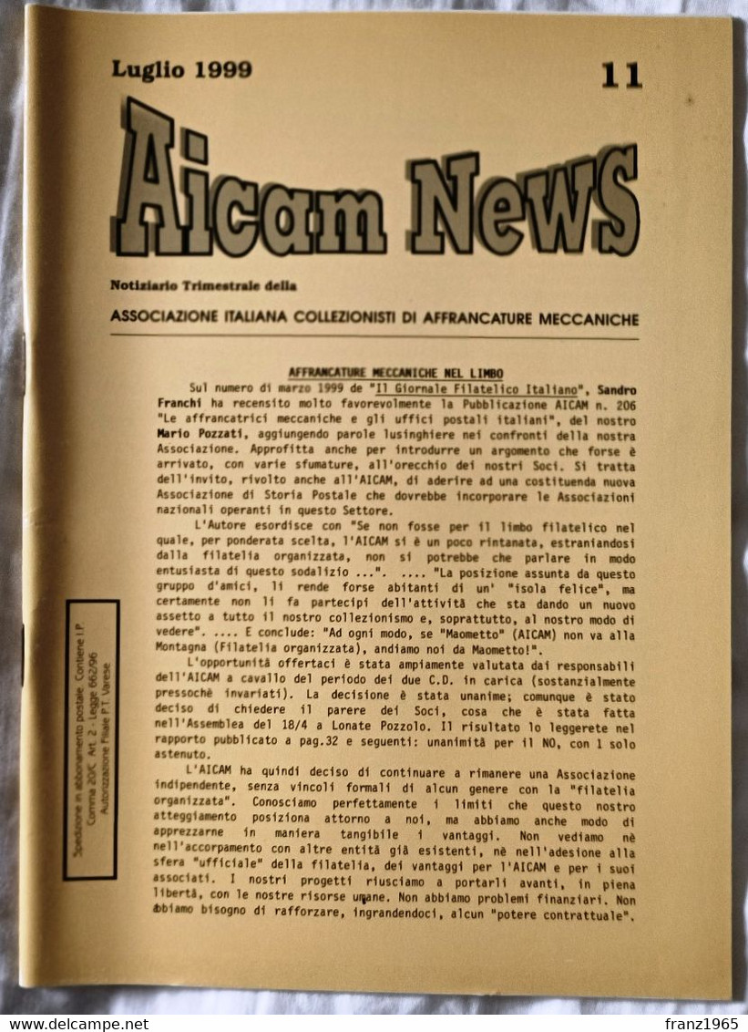 AICAM News - Notiziario Trimestrale Della AICAM - N. 11 Luglio 1999 - Oblitérations Mécaniques