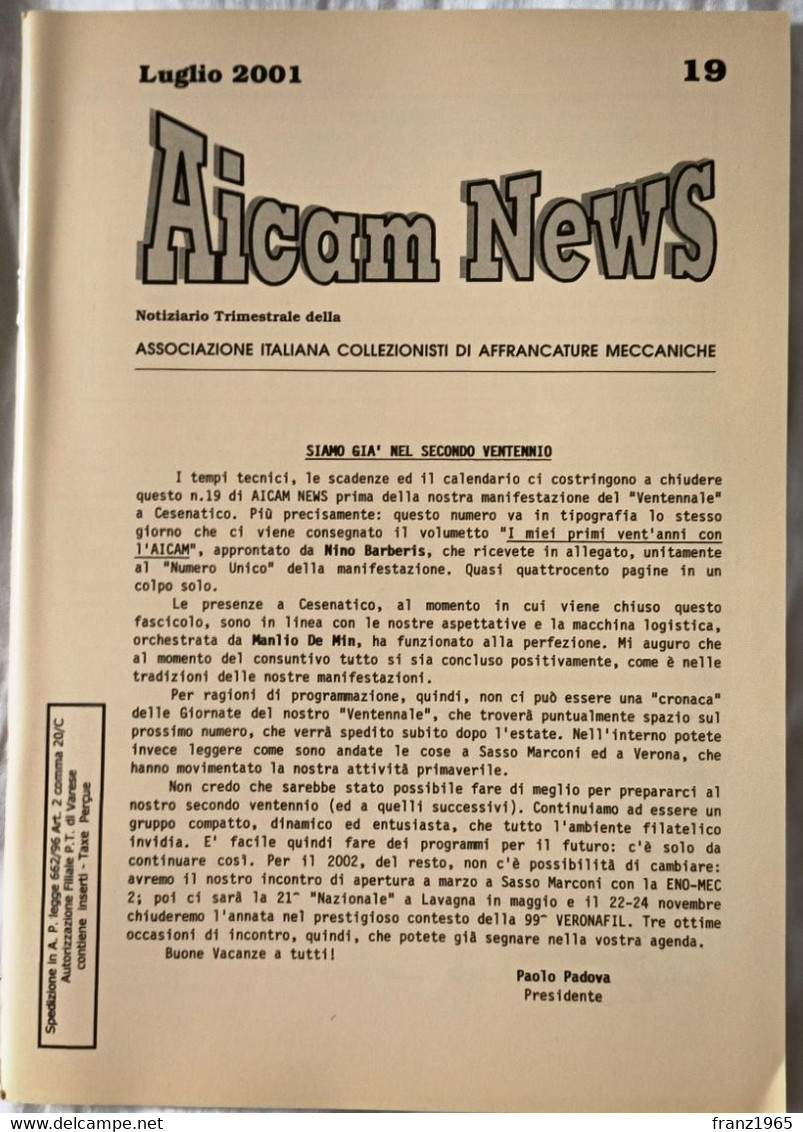 AICAM News - Notiziario Trimestrale Della AICAM - N. 19 Luglio 2001 - Matasellos Mecánicos