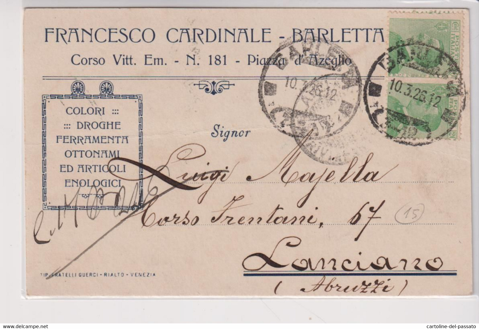 BARLETTA  STORIA POSTALE  TESTATINA PUBBLICITA'  COLORI DROGHE 1926 - Barletta