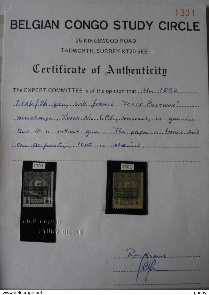 BELGIAN CONGO BELGE :  1889  -    CP 5    ( * )   CAT: 240,00€      COLIS POSTAUX + Certificat - Paketmarken